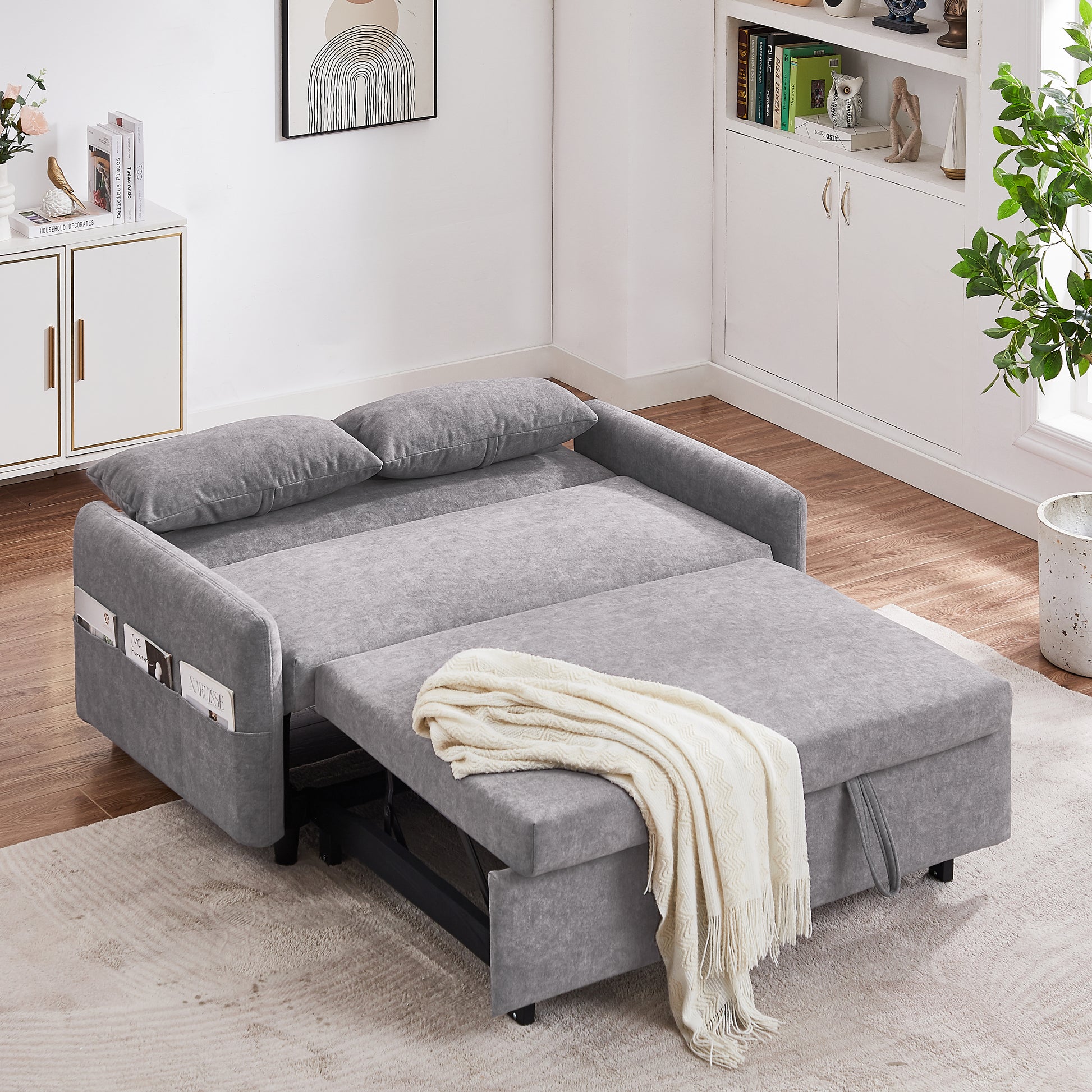 55.1" Pull Out Sleep Sofa Bed Loveseats Sofa Couch With Adjsutable Backrest, Storage Pockets, 2 Soft Pillows, Usb Ports For Living Room, Bedroom, Apartment, Office,Grey Old Sku Wf307821Aae Grey Foam Microfiber
