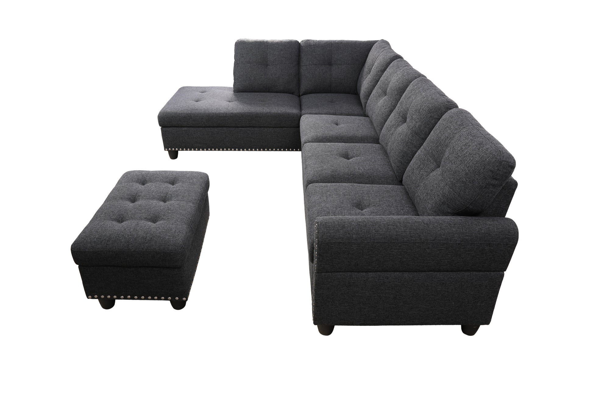 Alger 98" Wide Left Hand Facing Sofa & Chaise With Ottoman Charcoal Grey Foam Linen