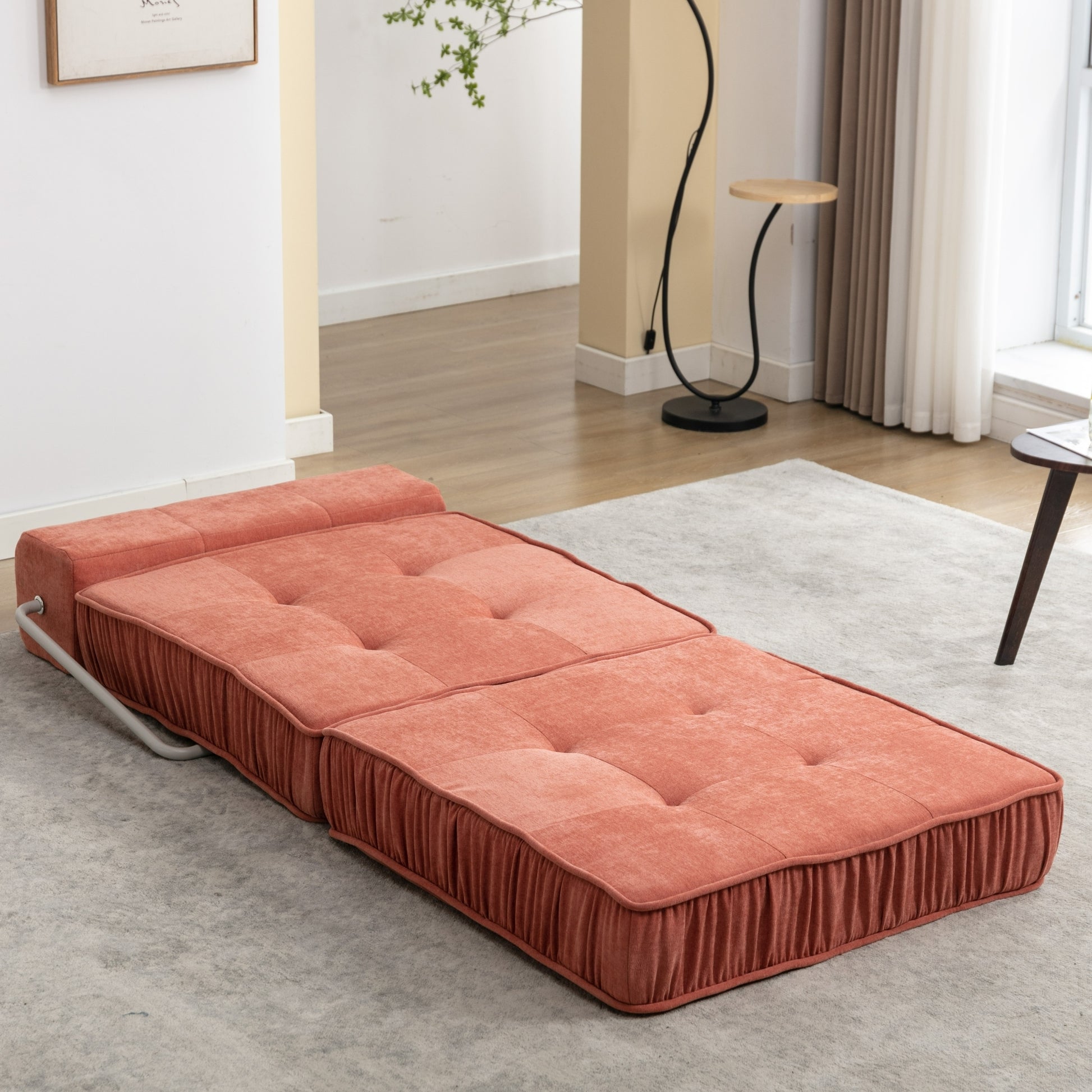 Folding Sofa Bed, Futon Sleeper Chair, Convertible Chair Floor Couch & Sleeping Mattress For Living Room, Guest Room, Home Office, Apartment, Small Space, Bed, Removable Back Cushion, Orange, 1 Seat Orange Chenille Primary Living Space Pillow Back Soft