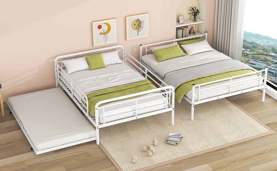 Full Xl Over Queen Metal Bunk Bed With Twin Size Trundle, White White Iron