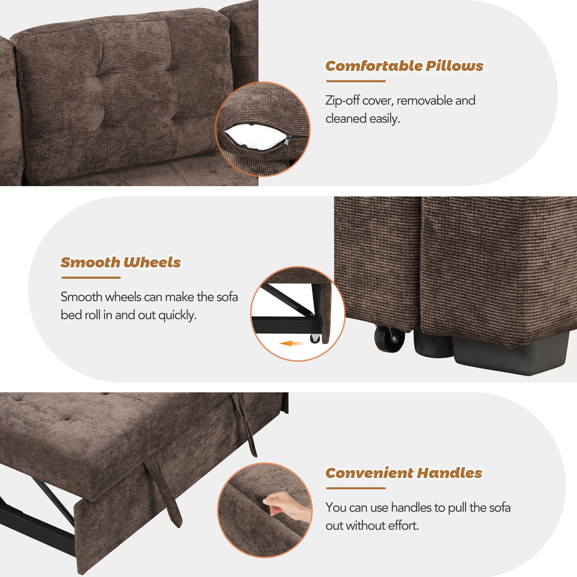 82.6" L Shape Sofa Bed Pull Out Sleeper Sofa With Wheels, Usb Ports, Power Sockets For Living Room, Brown Brown Foam Velvet