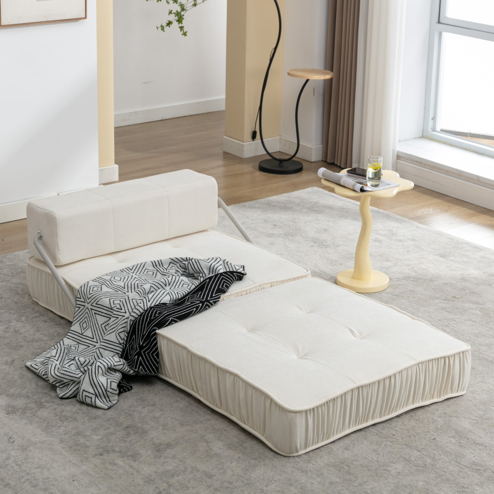 Folding Sofa Bed, Futon Sleeper Chair, Convertible Chair Floor Couch & Sleeping Mattress For Living Room, Guest Room, Home Office, Apartment, Small Space, Bed, Removable Back Cushion, White, 1 Seat White Chenille Primary Living Space Soft Pillow Back