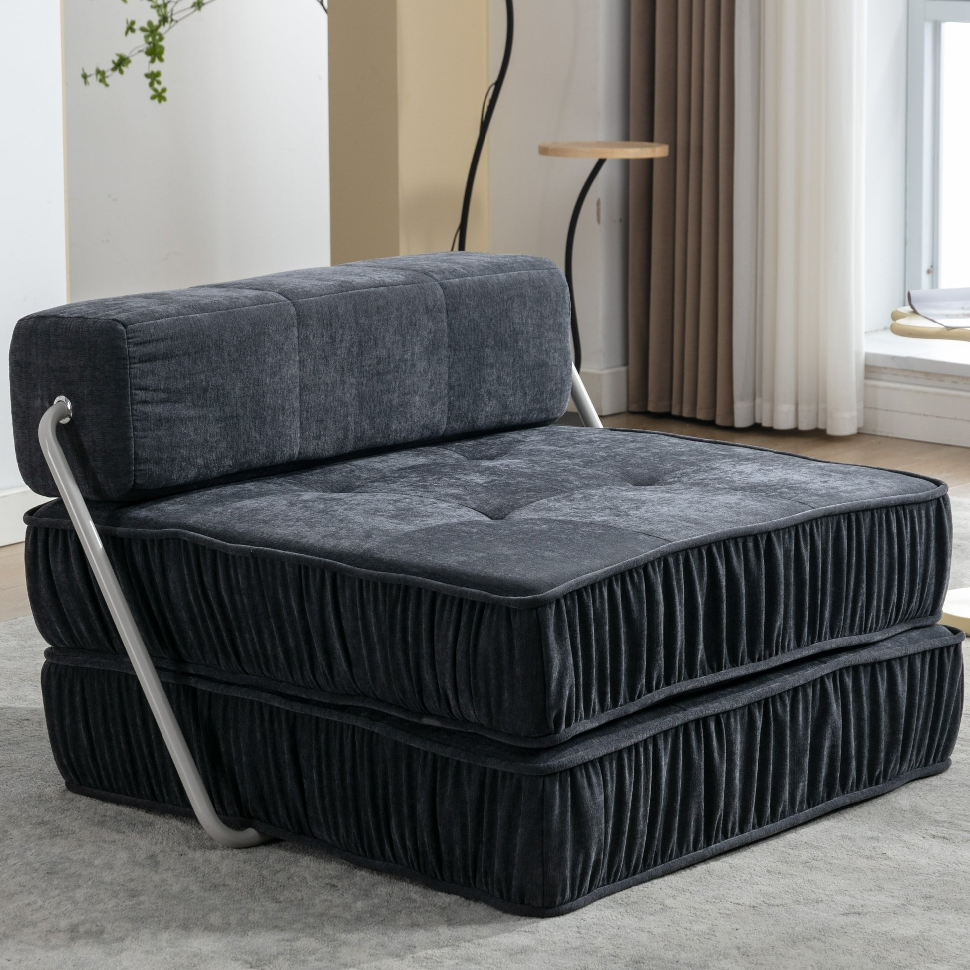 Folding Sofa Bed, Futon Sleeper Chair, Convertible Chair Floor Couch & Sleeping Mattress For Living Room, Guest Room, Home Office, Apartment, Small Space, Bed, Removable Back Cushion, Grey, 1 Seat Grey Chenille Primary Living Space Pillow Back Soft