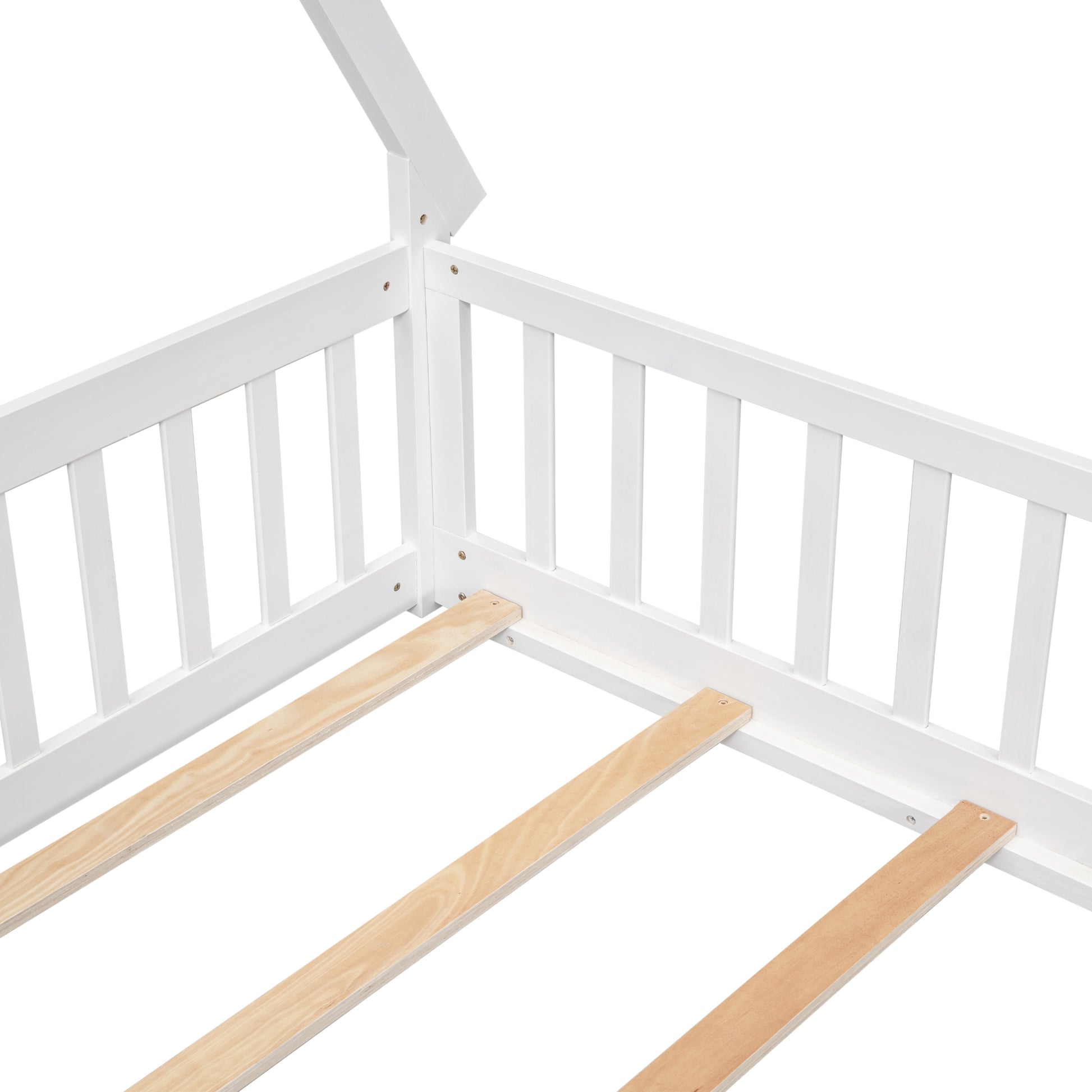 Full Tent Shaped Floor Bed, With Guardrails, Slats, Door ,White Full White Wood Bedroom American Design Pine Bed Frame Pine