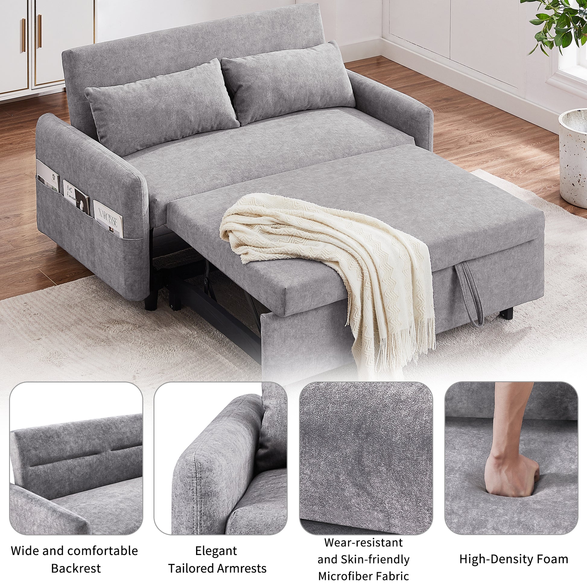 55.1" Pull Out Sleep Sofa Bed Loveseats Sofa Couch With Adjsutable Backrest, Storage Pockets, 2 Soft Pillows, Usb Ports For Living Room, Bedroom, Apartment, Office,Grey Old Sku:Wf315689Aae Grey Foam Microfiber 2 Seat