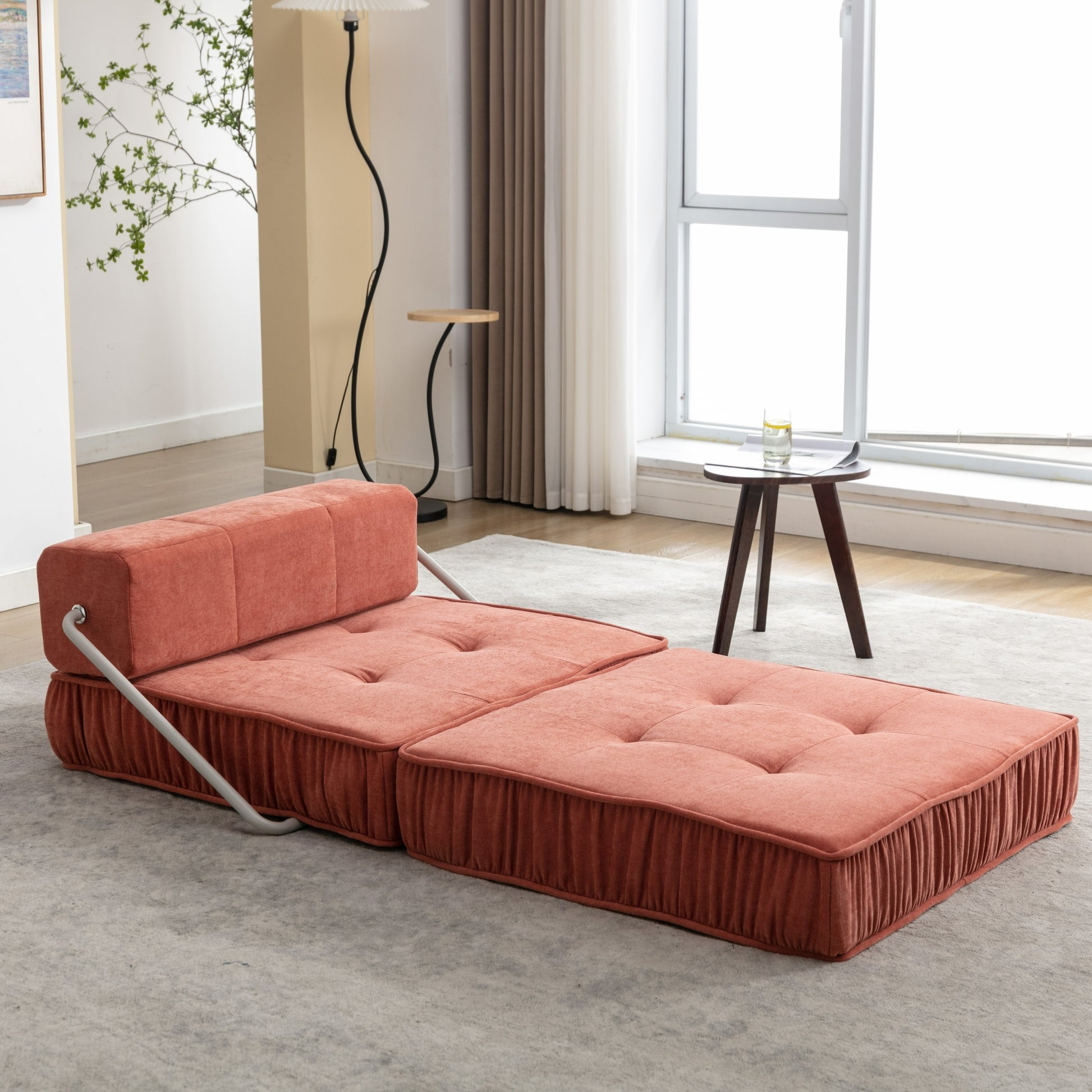 Folding Sofa Bed, Futon Sleeper Chair, Convertible Chair Floor Couch & Sleeping Mattress For Living Room, Guest Room, Home Office, Apartment, Small Space, Bed, Removable Back Cushion, Orange, 1 Seat Orange Chenille Primary Living Space Pillow Back Soft