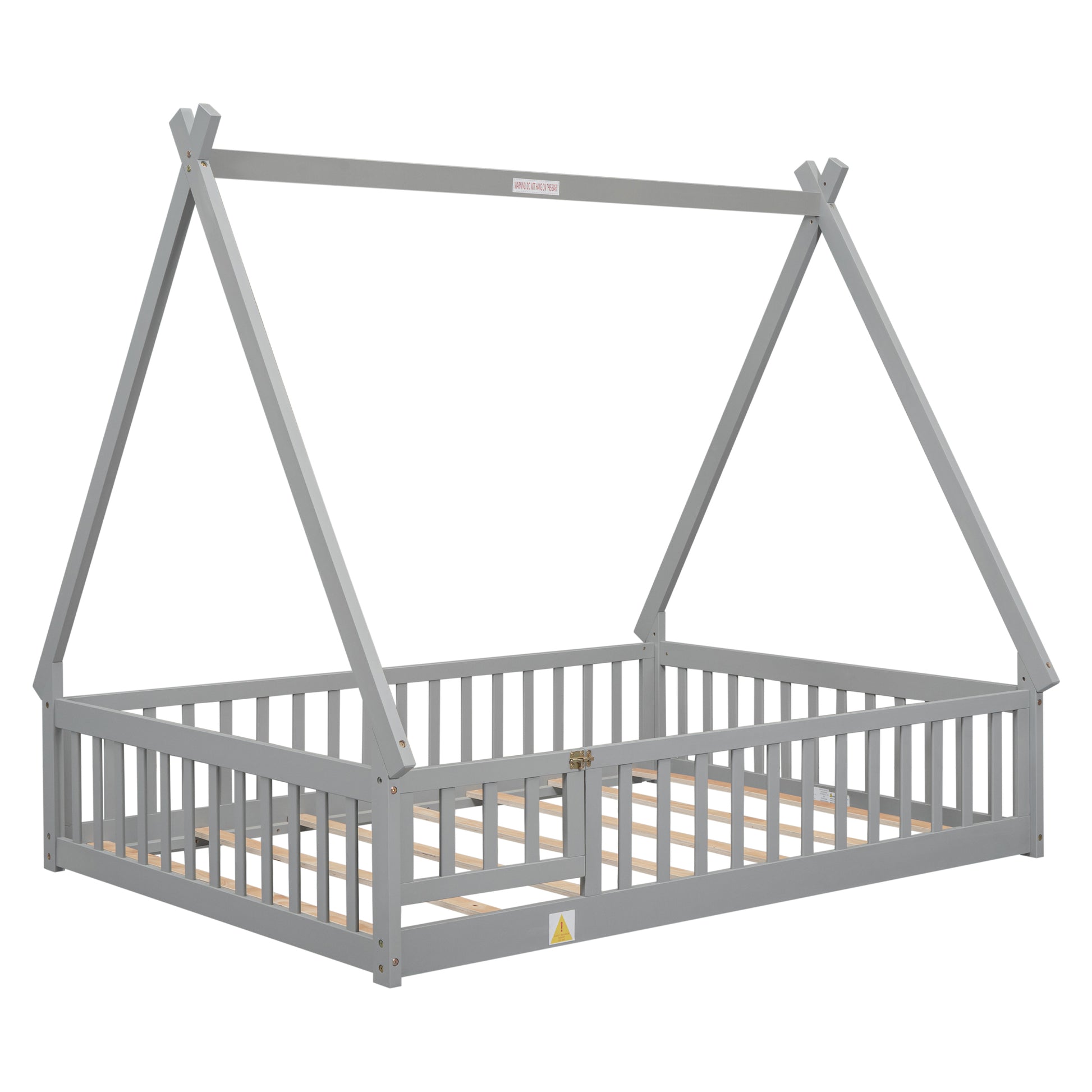 Full Tent Shaped Floor Bed, With Guardrails, Slats, Door ,Grey Full Grey Wood Bedroom American Design Pine Bed Frame Pine