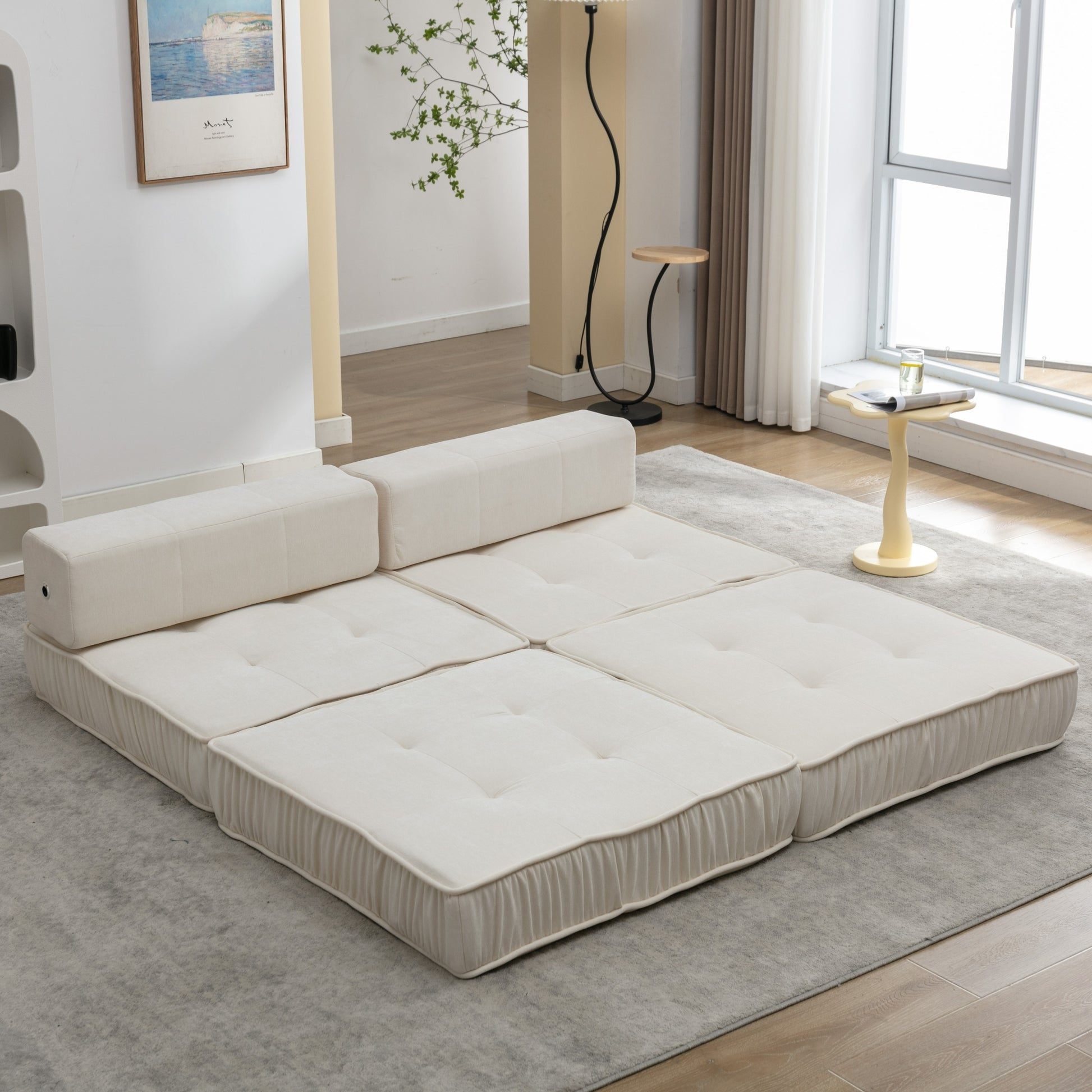 Folding Sofa Bed, Futon Sleeper Chair, Convertible Chair Floor Couch & Sleeping Mattress For Living Room, Guest Room, Home Office, Apartment, Small Space, Bed, Removable Back Cushion, White, 1 Seat White Chenille Primary Living Space Soft Pillow Back