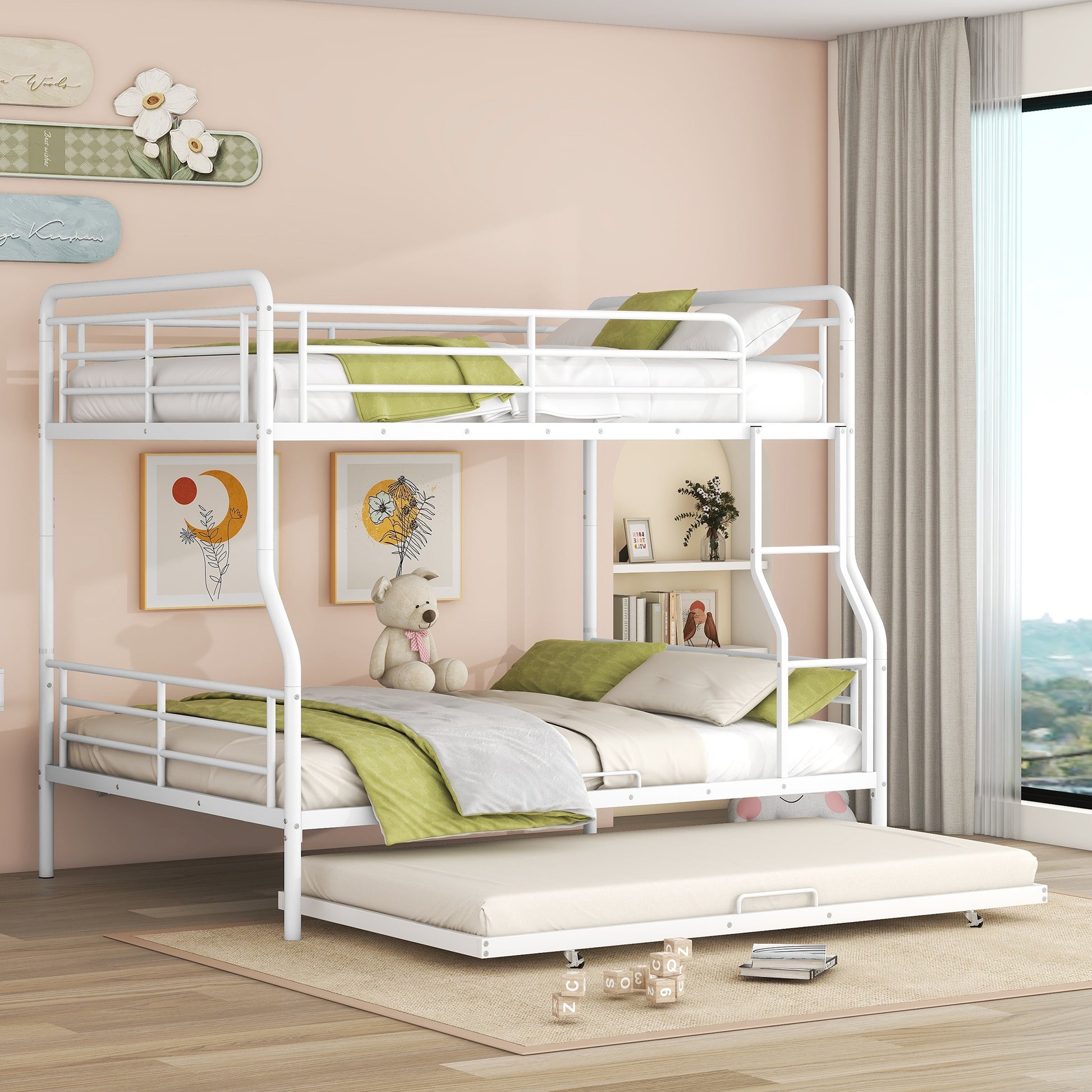 Full Xl Over Queen Metal Bunk Bed With Twin Size Trundle, White White Iron