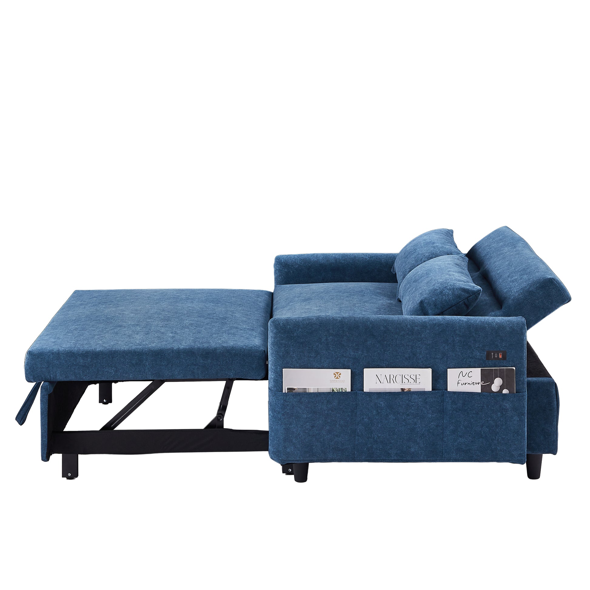 55.1" Pull Out Sleep Sofa Bed Loveseats Sofa Couch With Adjsutable Backrest, Storage Pockets, 2 Soft Pillows, Usb Ports For Living Room, Bedroom, Apartment, Office, Blue Old Sku: Wf315689Aac Blue Foam Microfiber 2 Seat