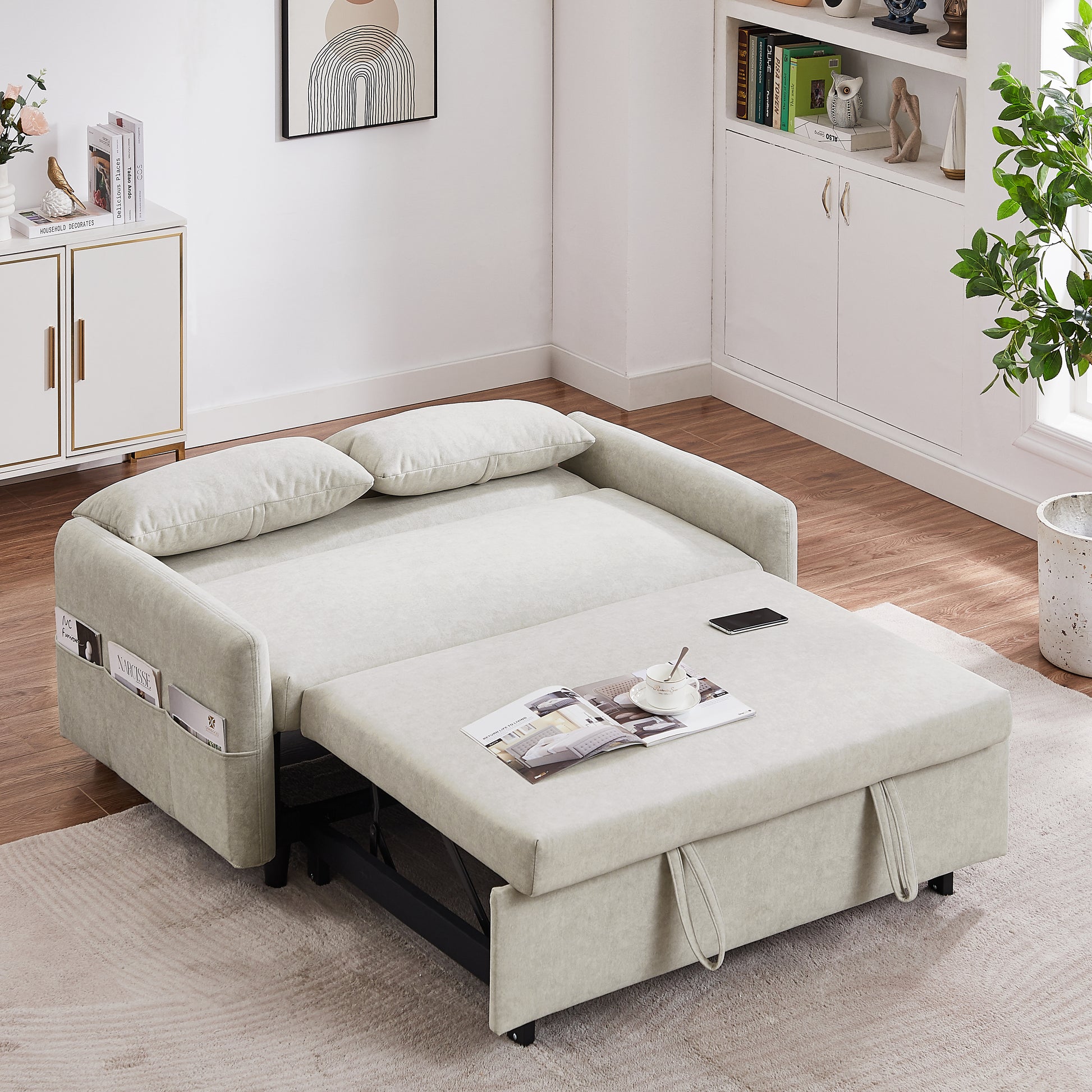55.1" Pull Out Sleep Sofa Bed Loveseats Sofa Couch With Adjsutable Backrest, Storage Pockets, 2 Soft Pillows, Usb Ports For Living Room, Bedroom, Apartment, Office, Beige Old Sku: Wf315689Aaa Beige Foam Microfiber 2 Seat
