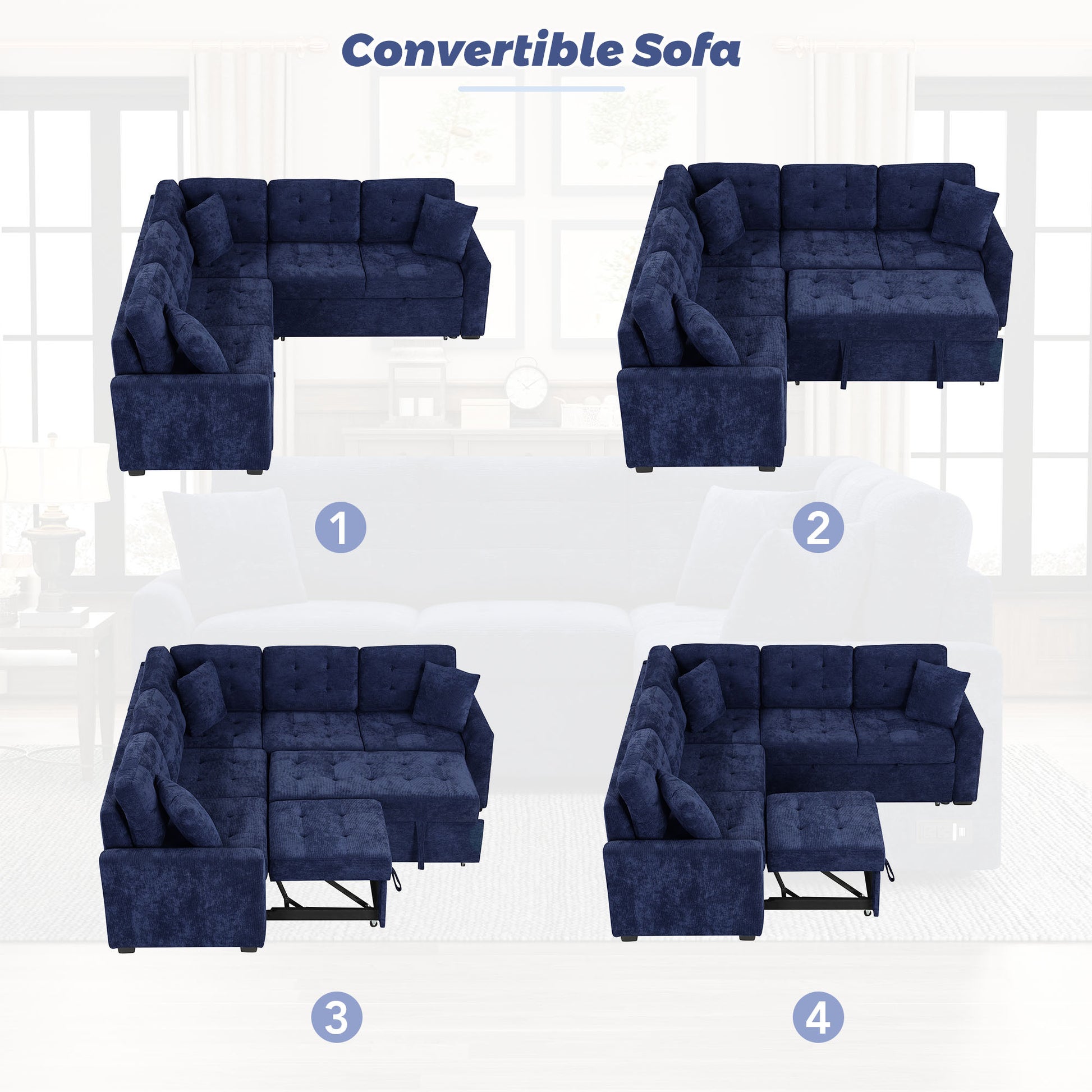 82.6" L Shape Sofa Bed Pull Out Sleeper Sofa With Wheels, Usb Ports, Power Sockets For Living Room, Navy Blue Navy Blue Foam Velvet