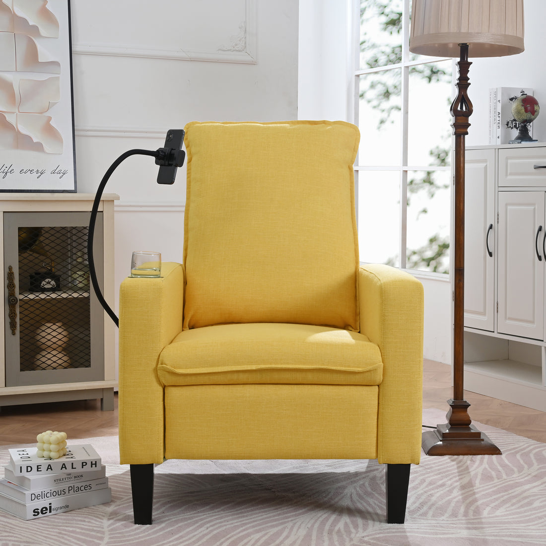 Recliner Chairs For Adults, Adjustable Recliner Sofa With Mobile Phone Holder & Cup Holder, Modern Reclining Chairs Fabric Push Back Recliner Chairs For Living Room, Bedroom, Yellow Yellow Foam Polyester