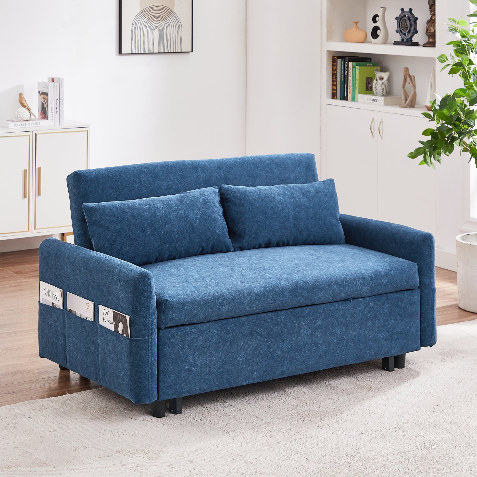 55.1" Pull Out Sleep Sofa Bed Loveseats Sofa Couch With Adjsutable Backrest, Storage Pockets, 2 Soft Pillows, Usb Ports For Living Room, Bedroom, Apartment, Office, Blue Old Sku Wf307821Aac Blue Foam Microfiber