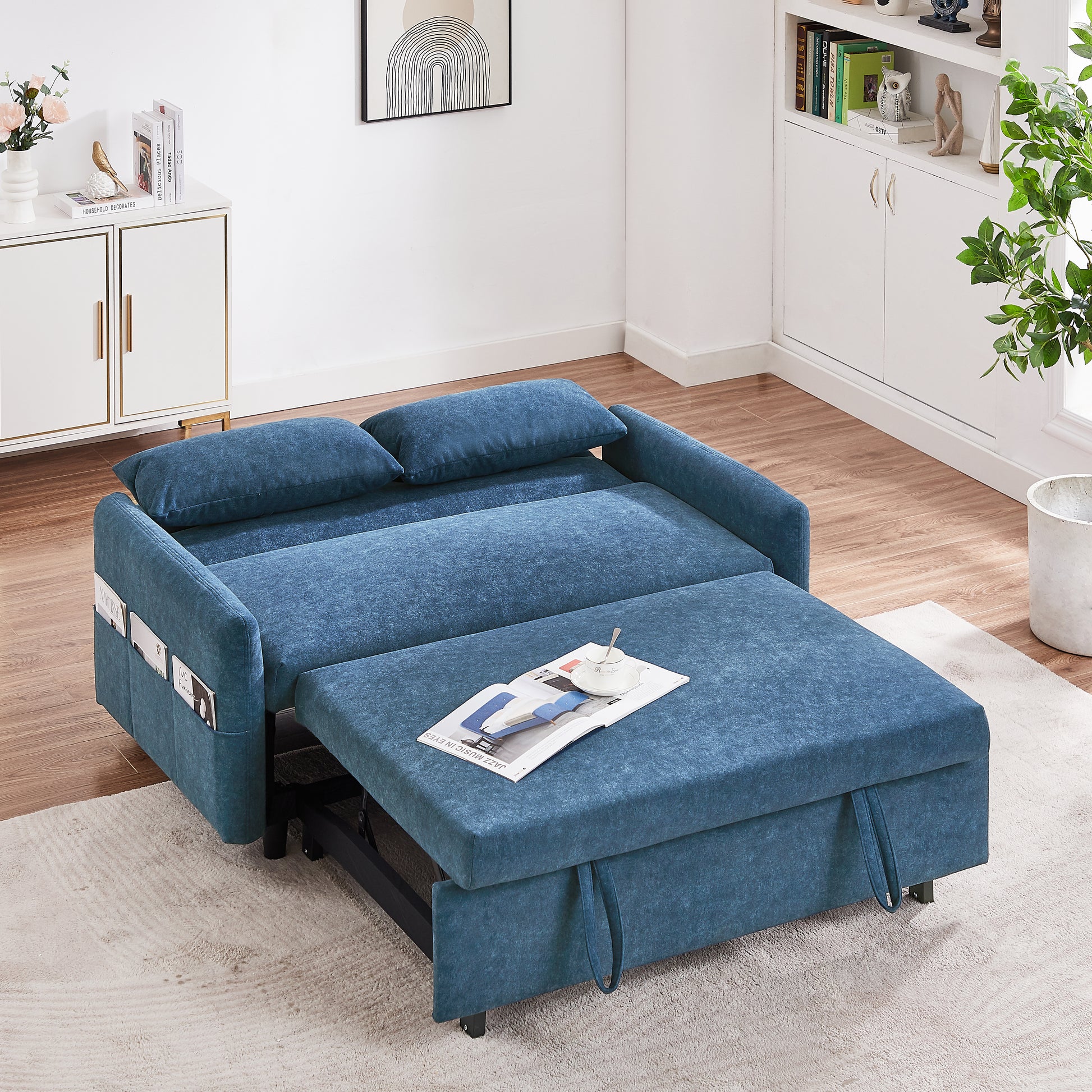 55.1" Pull Out Sleep Sofa Bed Loveseats Sofa Couch With Adjsutable Backrest, Storage Pockets, 2 Soft Pillows, Usb Ports For Living Room, Bedroom, Apartment, Office, Blue Old Sku: Wf315689Aac Blue Foam Microfiber 2 Seat