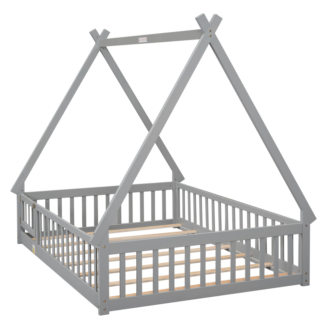 Full Tent Shaped Floor Bed, With Guardrails, Slats, Door ,Grey Full Grey Wood Bedroom American Design Pine Bed Frame Pine