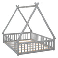 Full Tent Shaped Floor Bed, With Guardrails, Slats, Door ,Grey Full Grey Wood Bedroom American Design Pine Bed Frame Pine