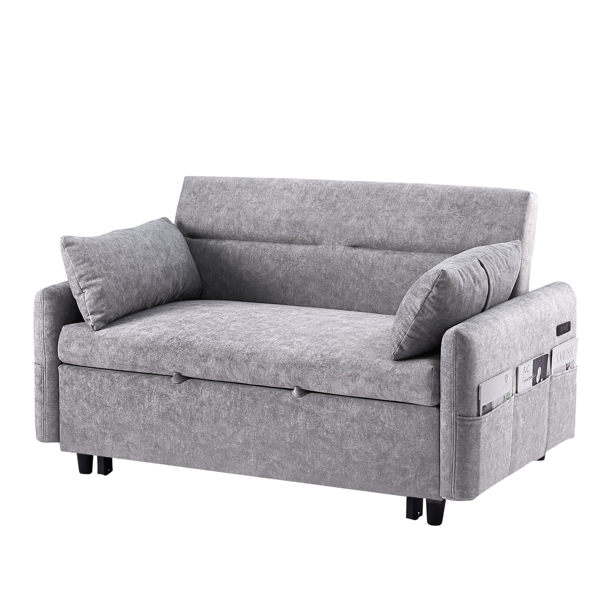 55.1" Pull Out Sleep Sofa Bed Loveseats Sofa Couch With Adjsutable Backrest, Storage Pockets, 2 Soft Pillows, Usb Ports For Living Room, Bedroom, Apartment, Office,Grey Old Sku:Wf315689Aae Grey Foam Microfiber 2 Seat