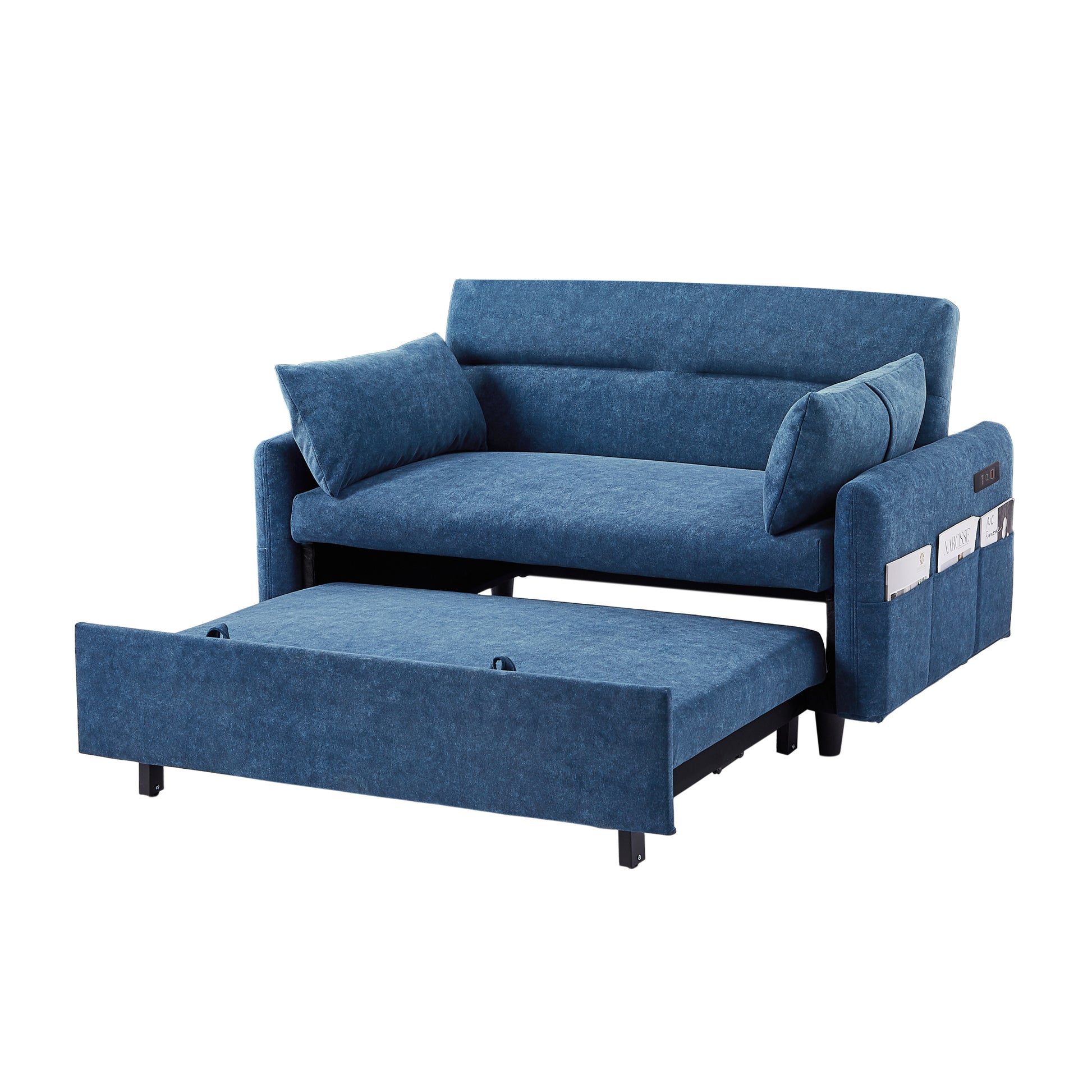 55.1" Pull Out Sleep Sofa Bed Loveseats Sofa Couch With Adjsutable Backrest, Storage Pockets, 2 Soft Pillows, Usb Ports For Living Room, Bedroom, Apartment, Office, Blue Old Sku Wf307821Aac Blue Foam Microfiber