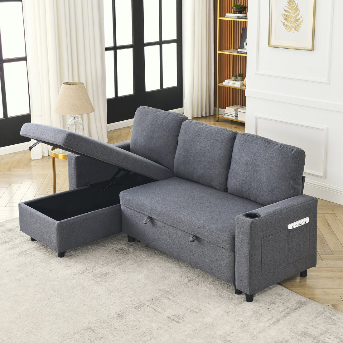 Fx78.7"Comfortable Linen L Shaped Combo Sofa Sofa Bed, Living Room Furniture Sets For Tight Spaces, Reversible Sleeper Combo Sofa With Pullout Bed,Reversible Sofa Bed For Living Room, Office, Apartmen Dark Gray Linen Wood Primary Living Space Foam Fabric