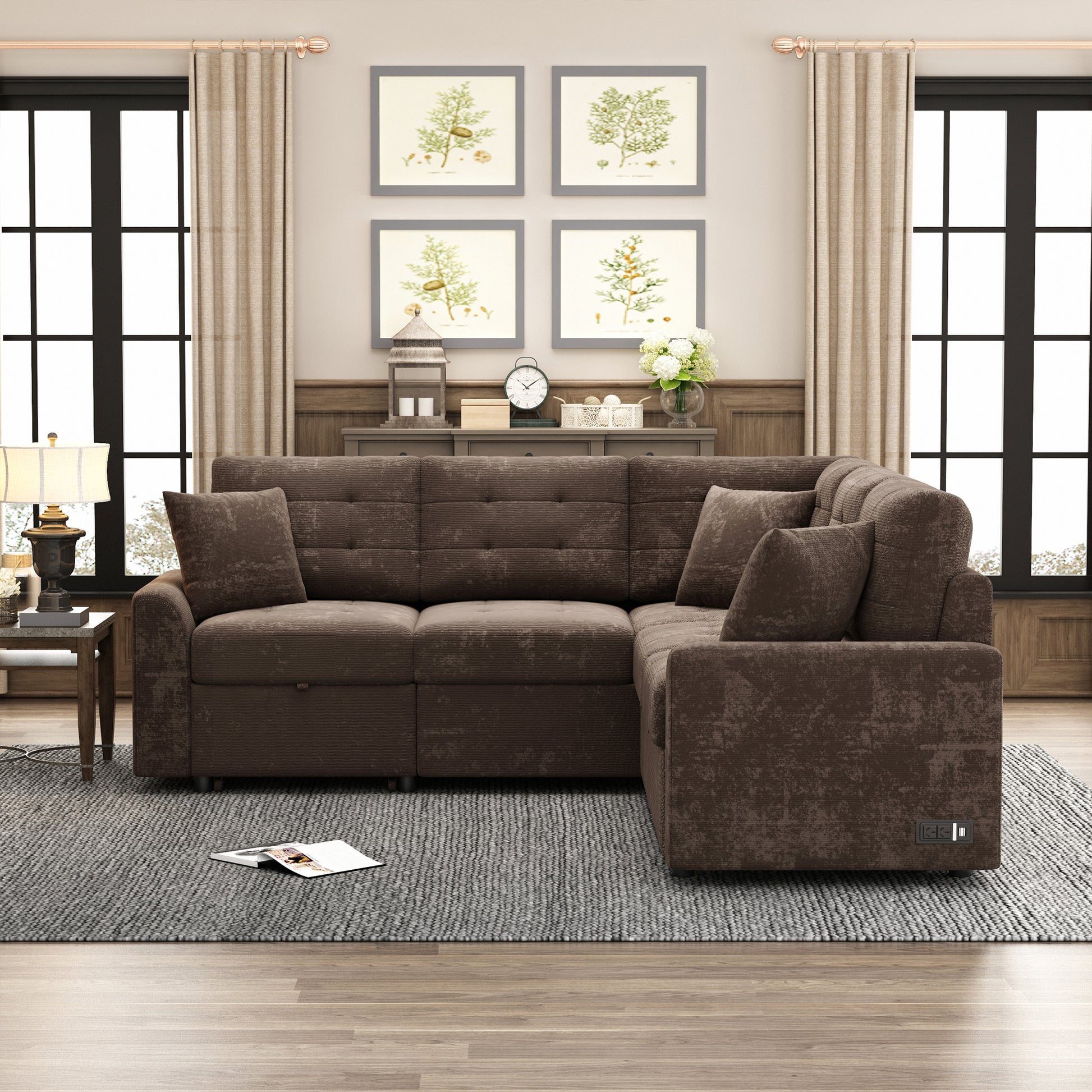 82.6" L Shape Sofa Bed Pull Out Sleeper Sofa With Wheels, Usb Ports, Power Sockets For Living Room, Brown Brown Foam Velvet