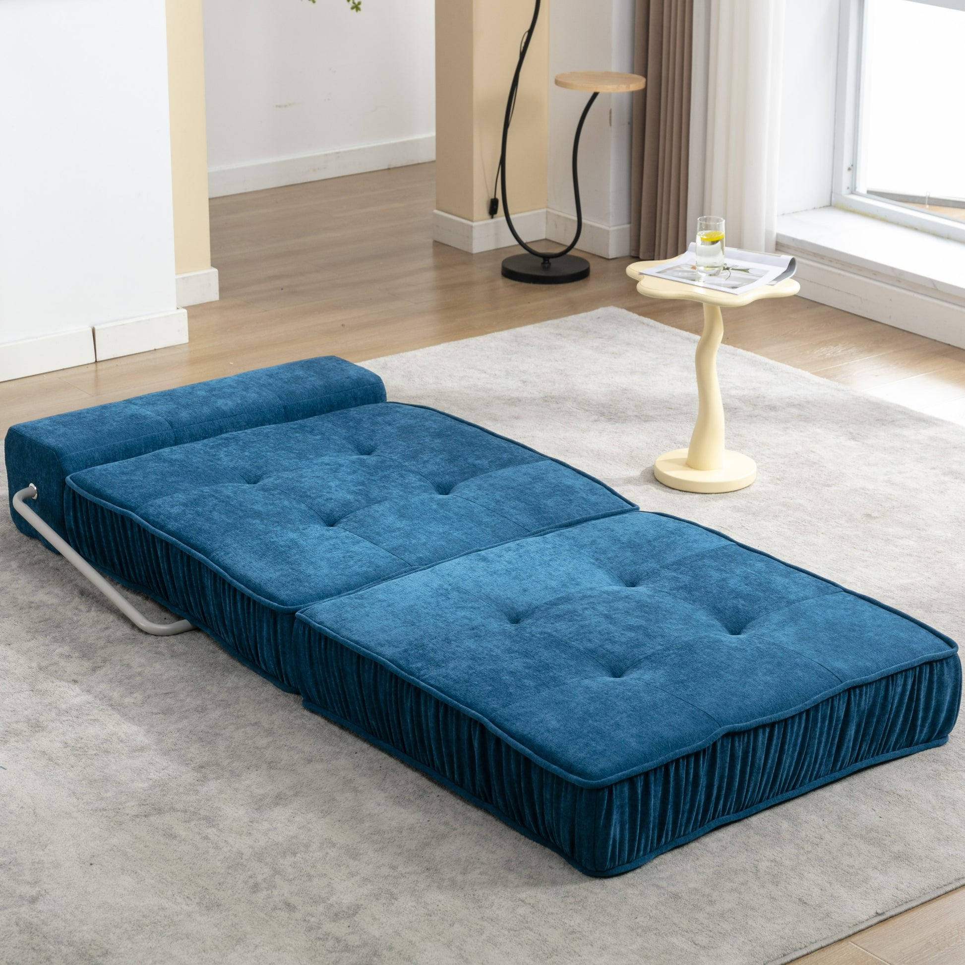 Folding Sofa Bed, Futon Sleeper Chair, Convertible Chair Floor Couch & Sleeping Mattress For Living Room, Guest Room, Home Office, Apartment, Small Space, Bed, Removable Back Cushion, Blue, 1 Seat Blue Chenille Primary Living Space Pillow Back Soft