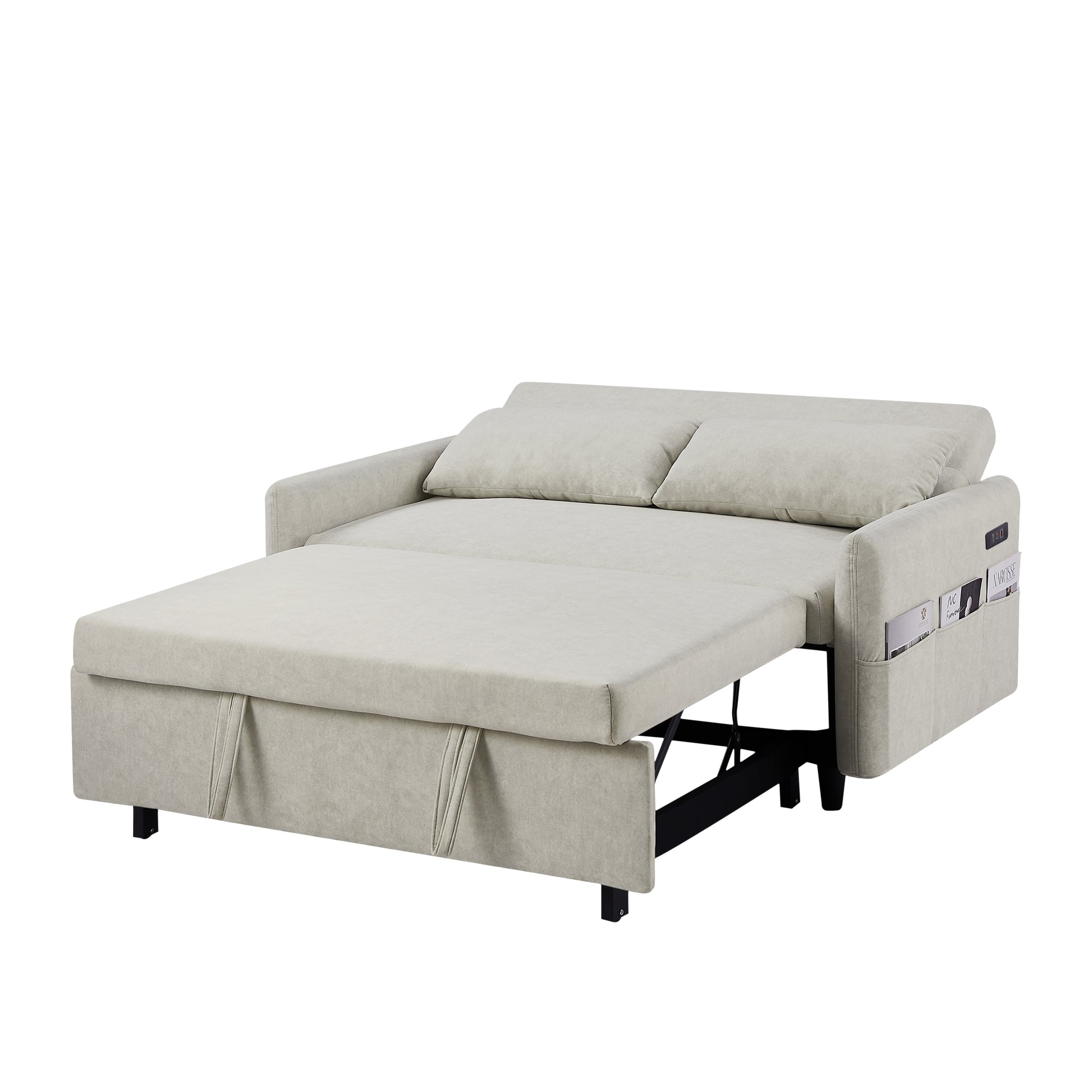 55.1" Pull Out Sleep Sofa Bed Loveseats Sofa Couch With Adjsutable Backrest, Storage Pockets, 2 Soft Pillows, Usb Ports For Living Room, Bedroom, Apartment, Office, Beige Old Sku: Wf315689Aaa Beige Foam Microfiber 2 Seat