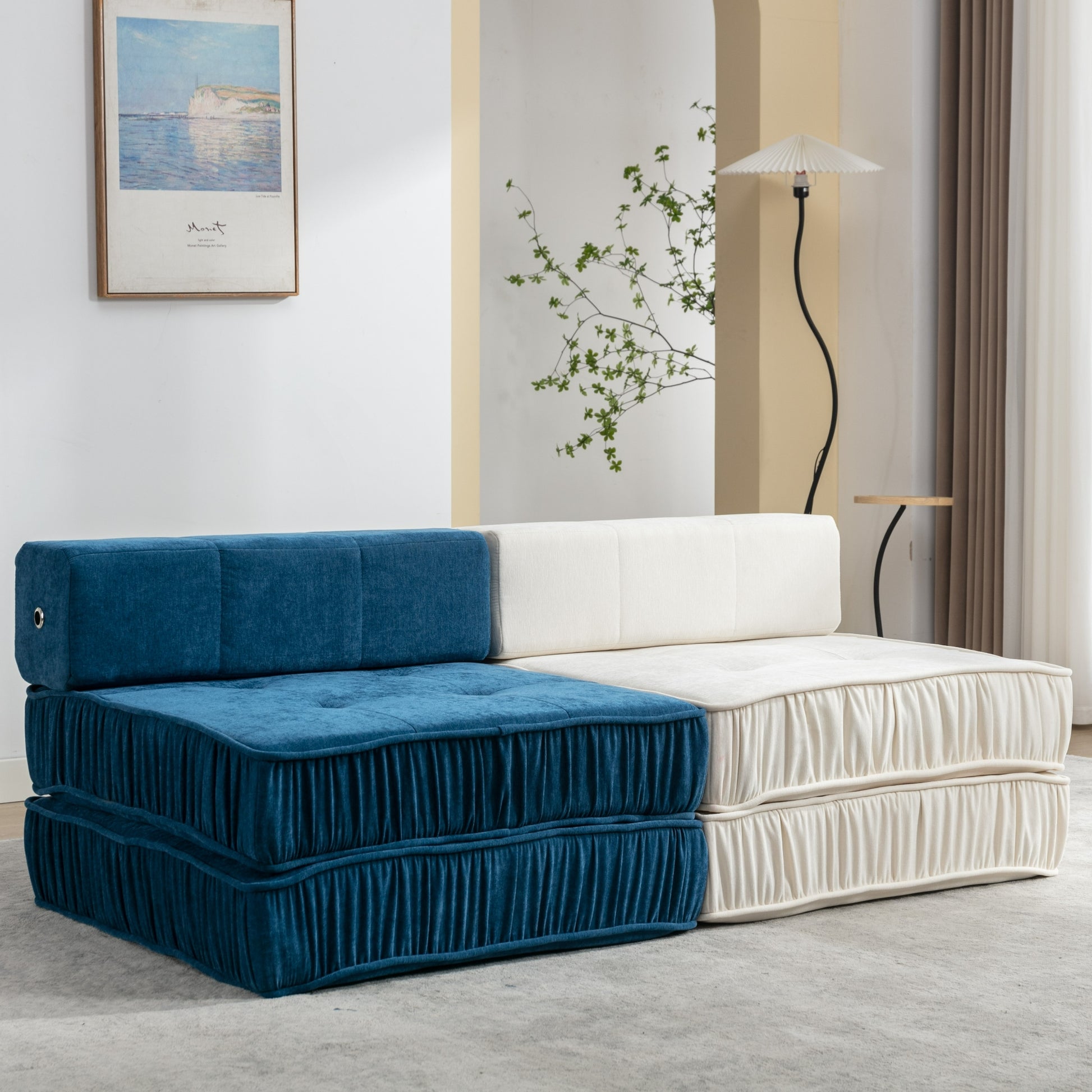 Folding Sofa Bed, Futon Sleeper Chair, Convertible Chair Floor Couch & Sleeping Mattress For Living Room, Guest Room, Home Office, Apartment, Small Space, Bed, Removable Back Cushion, Blue, 1 Seat Blue Chenille Primary Living Space Pillow Back Soft