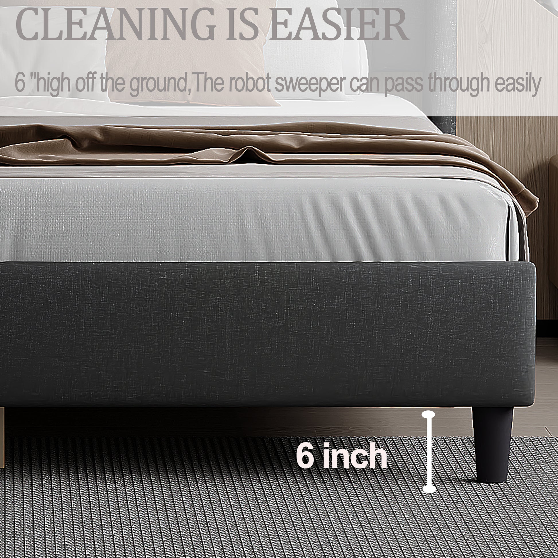 King Size Upholstered Platform Bed Frame With Headboard, Mattress Foundation, Wood Slat Support, Quiet, No Box Spring Needed, Easy To Assemble Black Black Wood