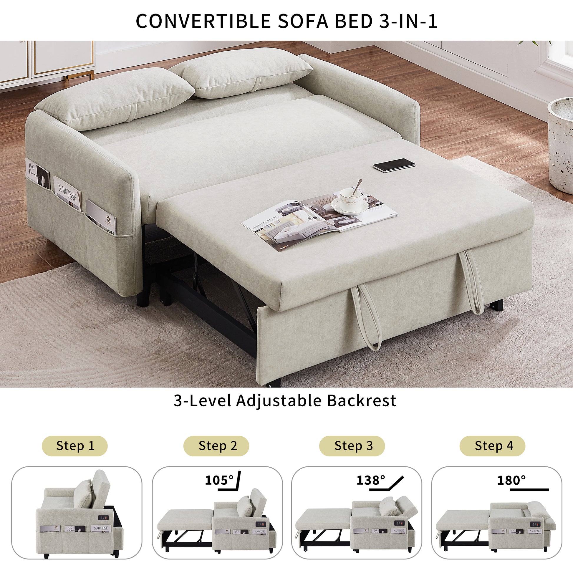 55.1" Pull Out Sleep Sofa Bed Loveseats Sofa Couch With Adjsutable Backrest, Storage Pockets, 2 Soft Pillows, Usb Ports For Living Room, Bedroom, Apartment, Office, Beige Old Sku: Wf315689Aaa Beige Foam Microfiber 2 Seat
