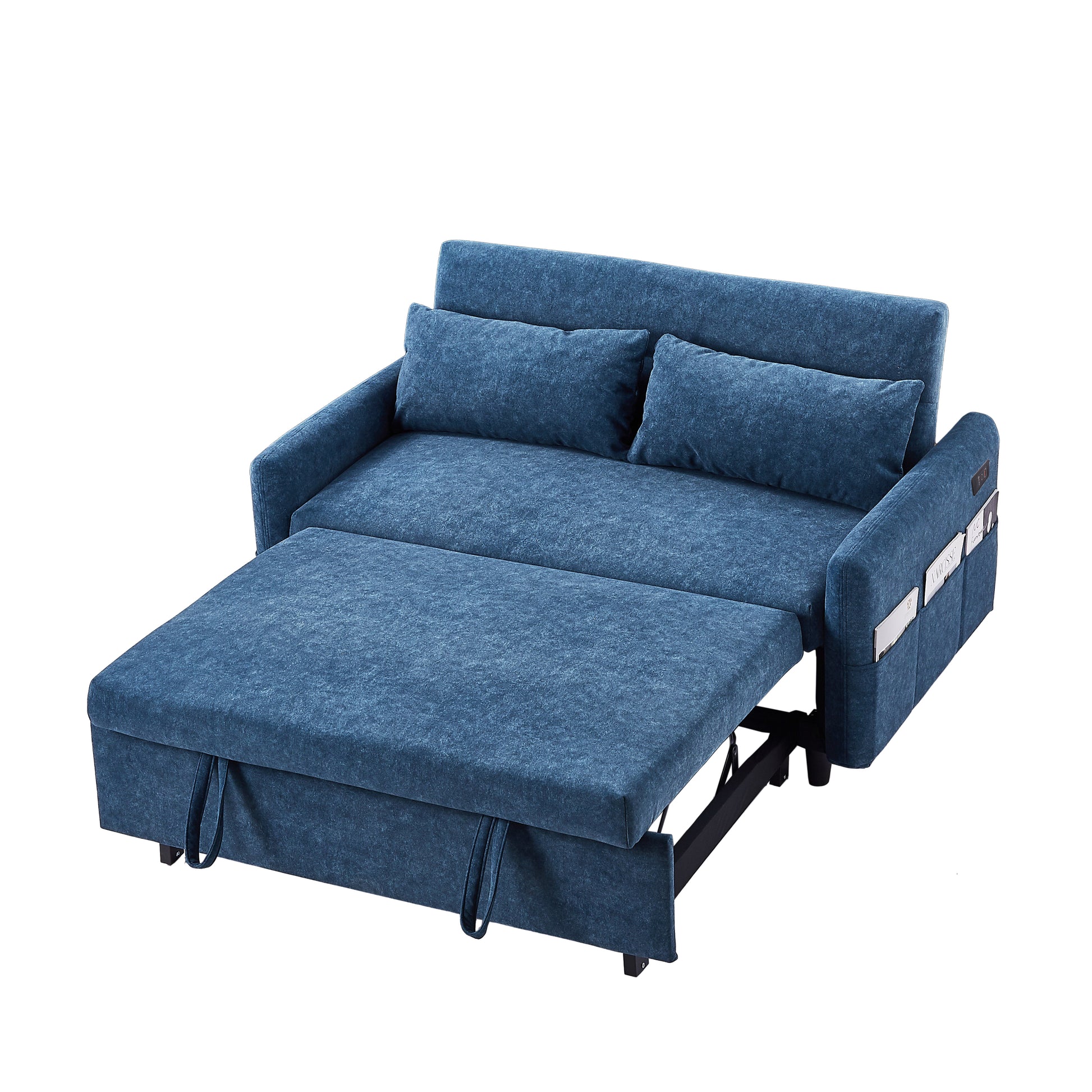 55.1" Pull Out Sleep Sofa Bed Loveseats Sofa Couch With Adjsutable Backrest, Storage Pockets, 2 Soft Pillows, Usb Ports For Living Room, Bedroom, Apartment, Office, Blue Old Sku: Wf315689Aac Blue Foam Microfiber 2 Seat