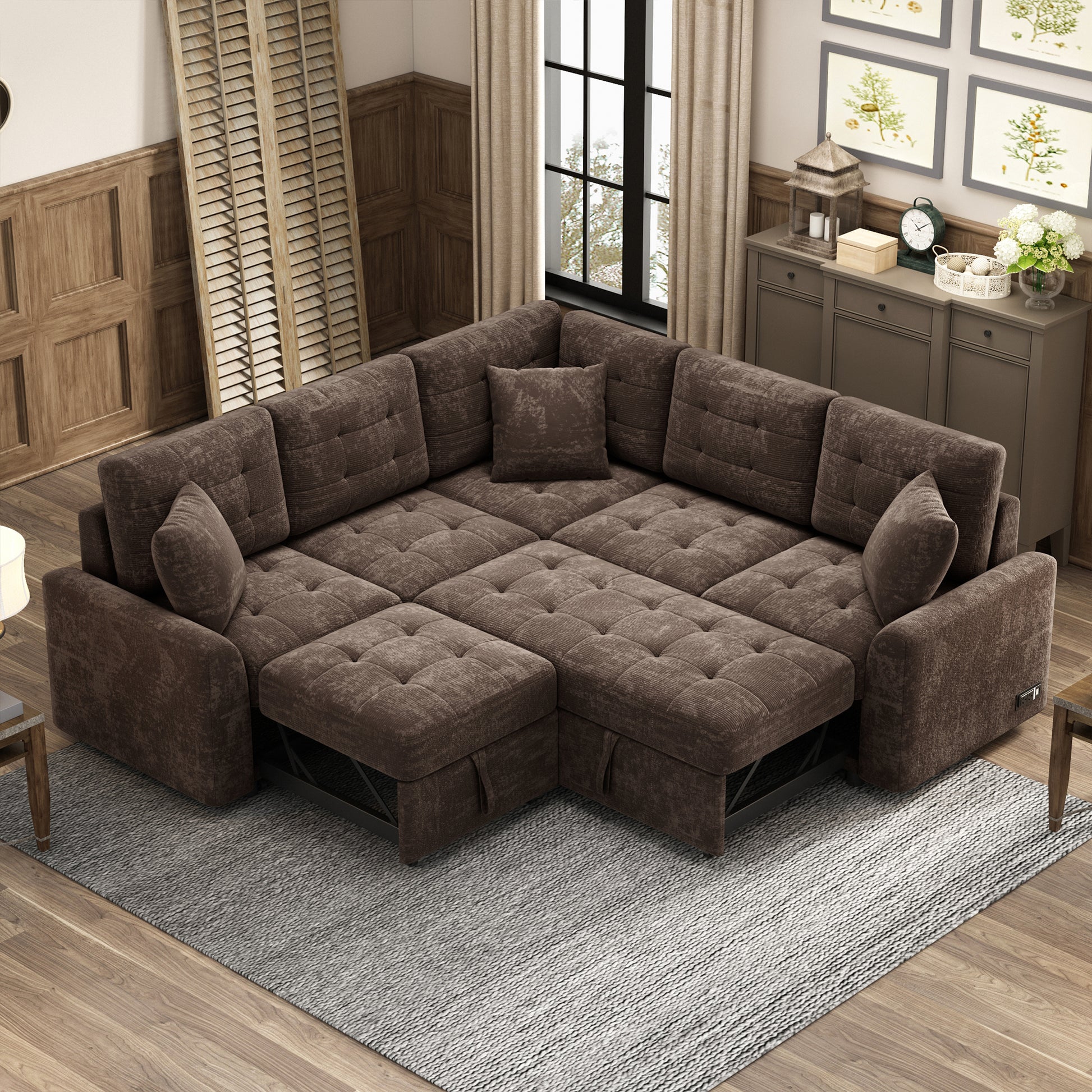 82.6" L Shape Sofa Bed Pull Out Sleeper Sofa With Wheels, Usb Ports, Power Sockets For Living Room, Brown Brown Foam Velvet