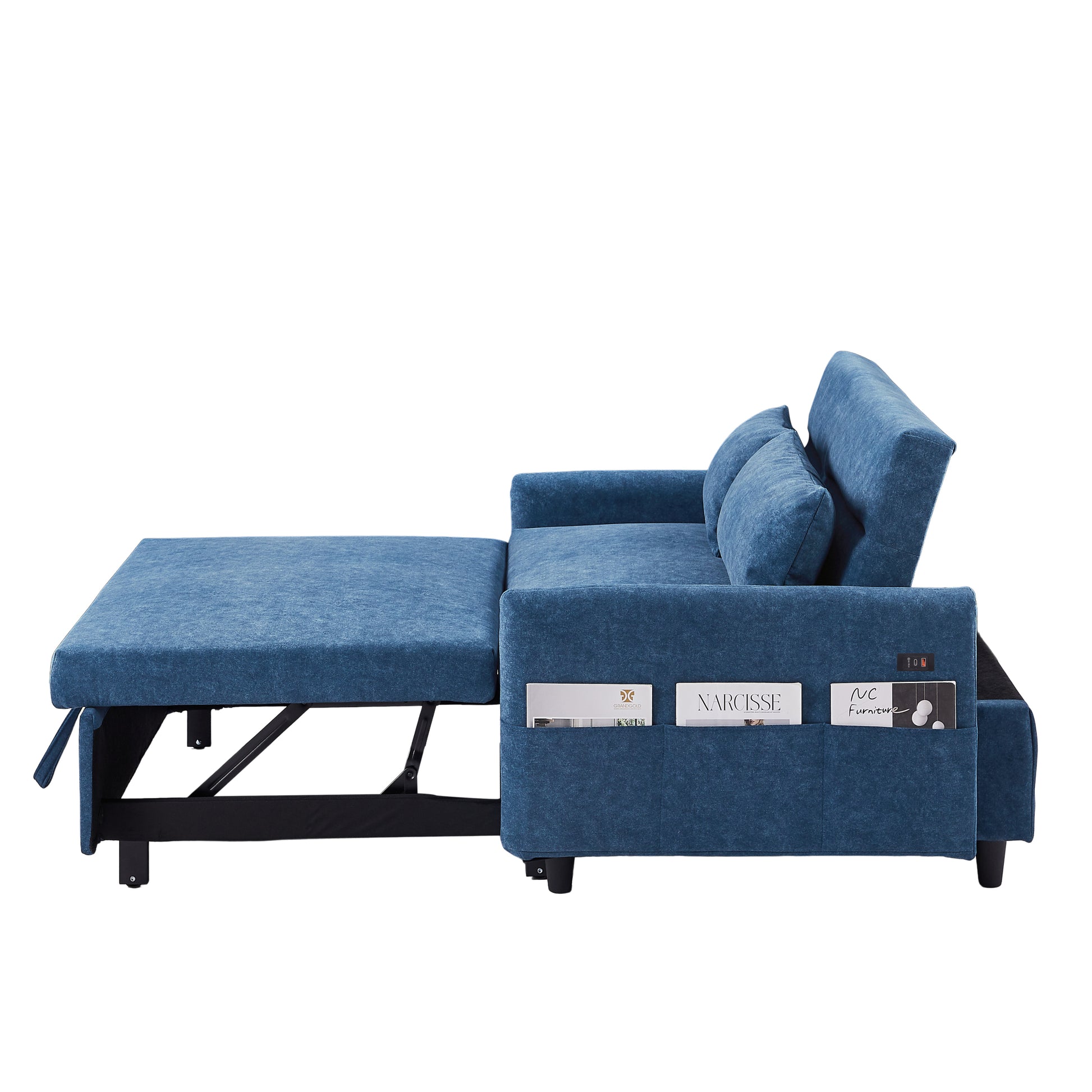 55.1" Pull Out Sleep Sofa Bed Loveseats Sofa Couch With Adjsutable Backrest, Storage Pockets, 2 Soft Pillows, Usb Ports For Living Room, Bedroom, Apartment, Office, Blue Old Sku Wf307821Aac Blue Foam Microfiber