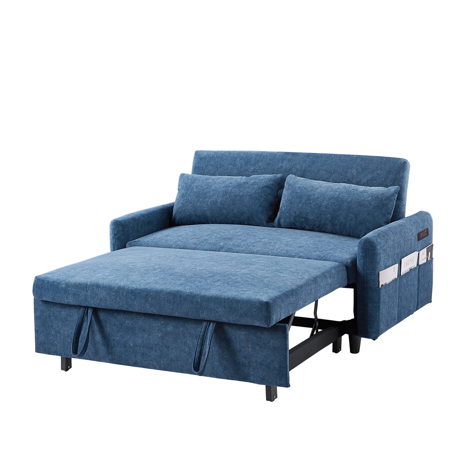 55.1" Pull Out Sleep Sofa Bed Loveseats Sofa Couch With Adjsutable Backrest, Storage Pockets, 2 Soft Pillows, Usb Ports For Living Room, Bedroom, Apartment, Office, Blue Old Sku Wf307821Aac Blue Foam Microfiber