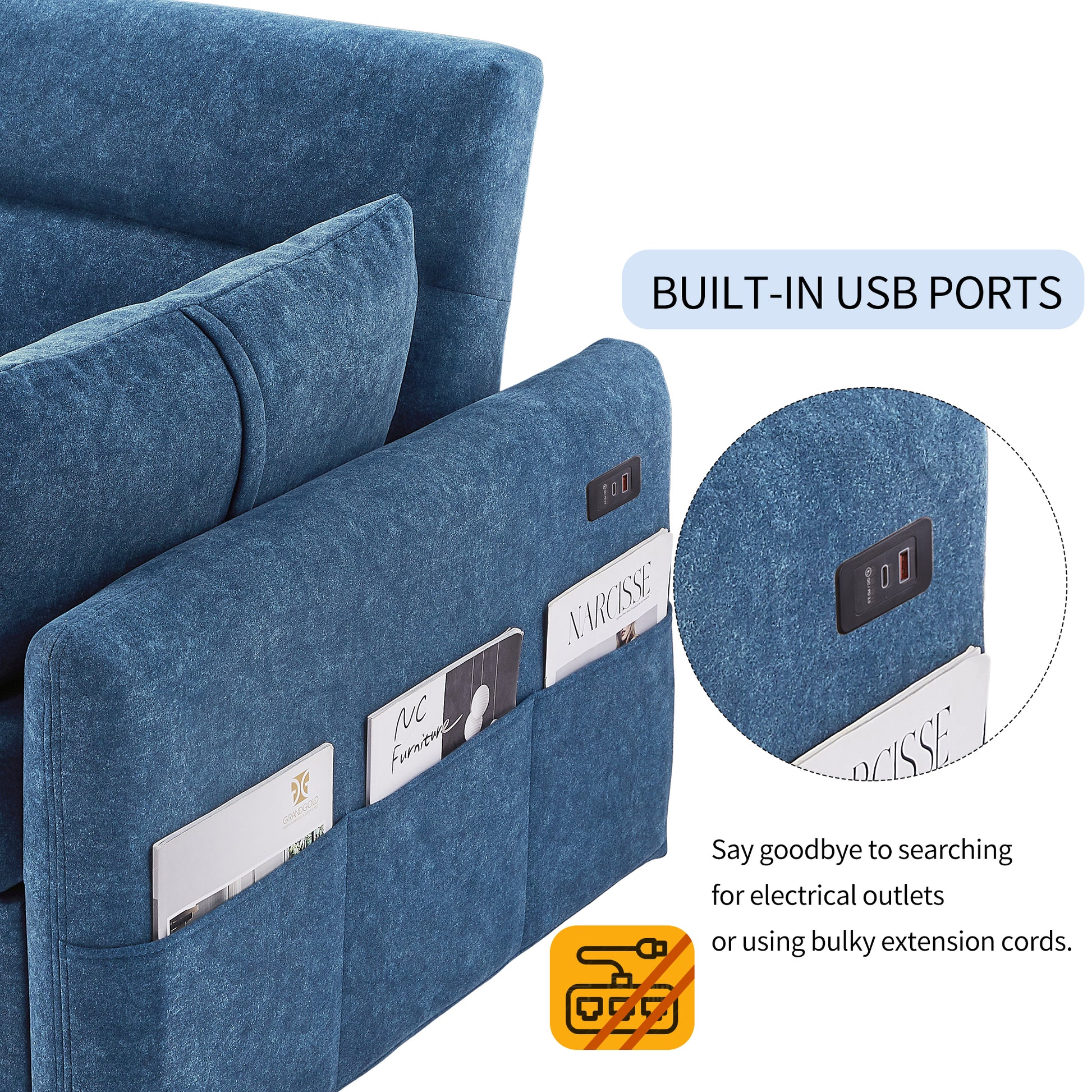 55.1" Pull Out Sleep Sofa Bed Loveseats Sofa Couch With Adjsutable Backrest, Storage Pockets, 2 Soft Pillows, Usb Ports For Living Room, Bedroom, Apartment, Office, Blue Old Sku Wf307821Aac Blue Foam Microfiber