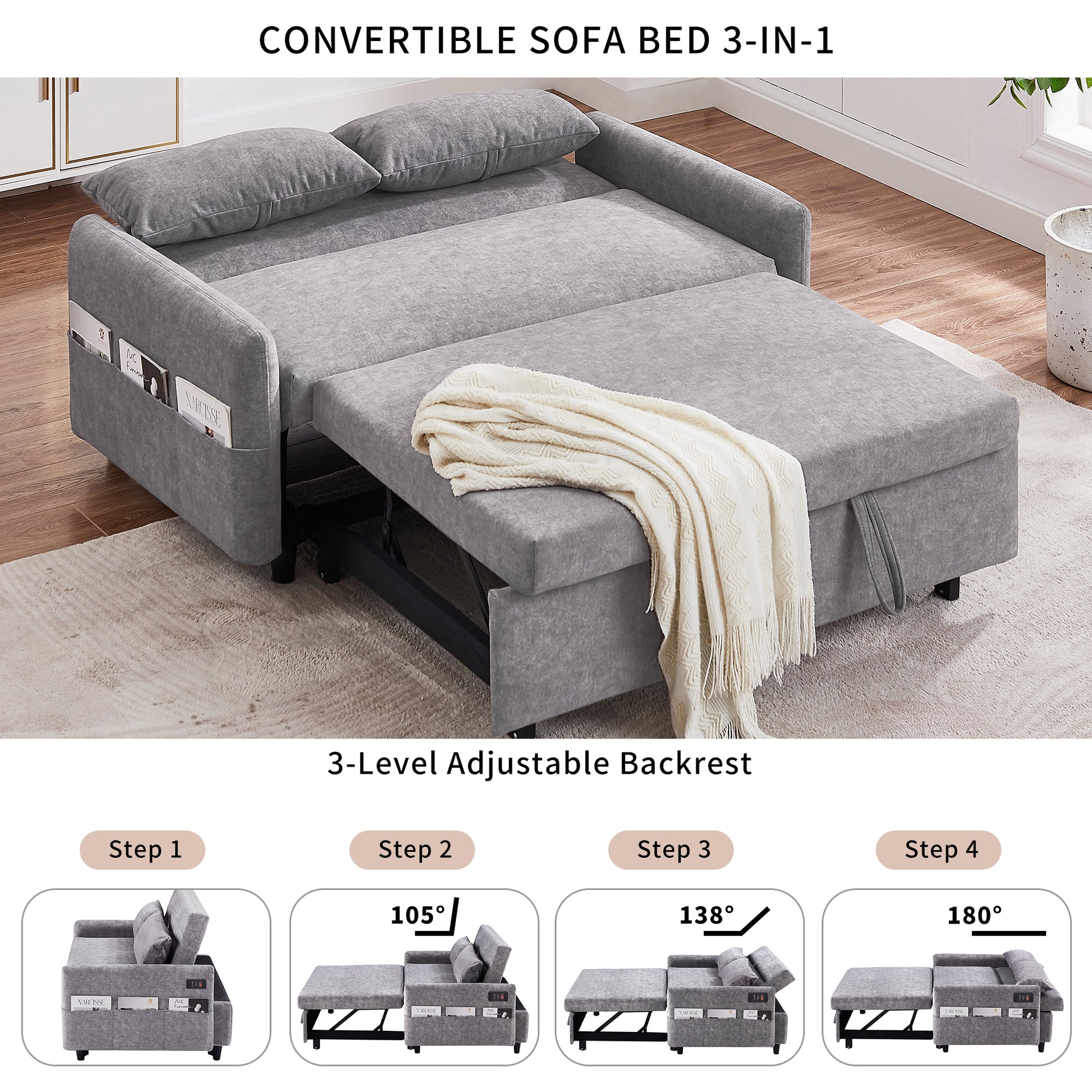 55.1" Pull Out Sleep Sofa Bed Loveseats Sofa Couch With Adjsutable Backrest, Storage Pockets, 2 Soft Pillows, Usb Ports For Living Room, Bedroom, Apartment, Office,Grey Old Sku:Wf315689Aae Grey Foam Microfiber 2 Seat