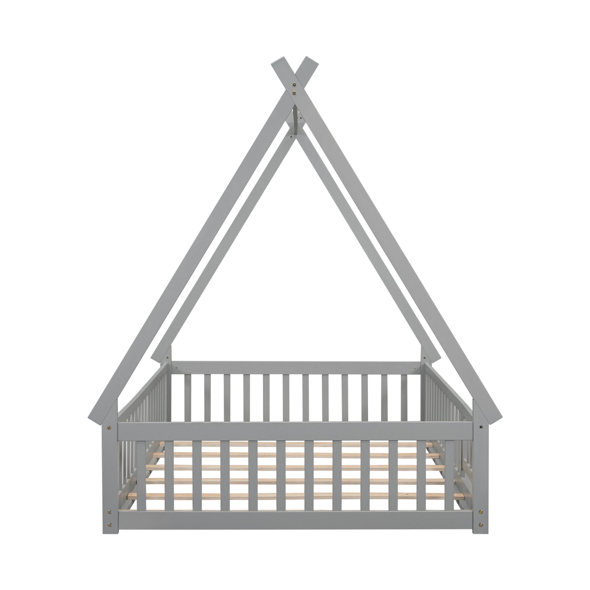 Full Tent Shaped Floor Bed, With Guardrails, Slats, Door ,Grey Full Grey Wood Bedroom American Design Pine Bed Frame Pine