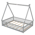 Full Tent Shaped Floor Bed, With Guardrails, Slats, Door ,Grey Full Grey Wood Bedroom American Design Pine Bed Frame Pine