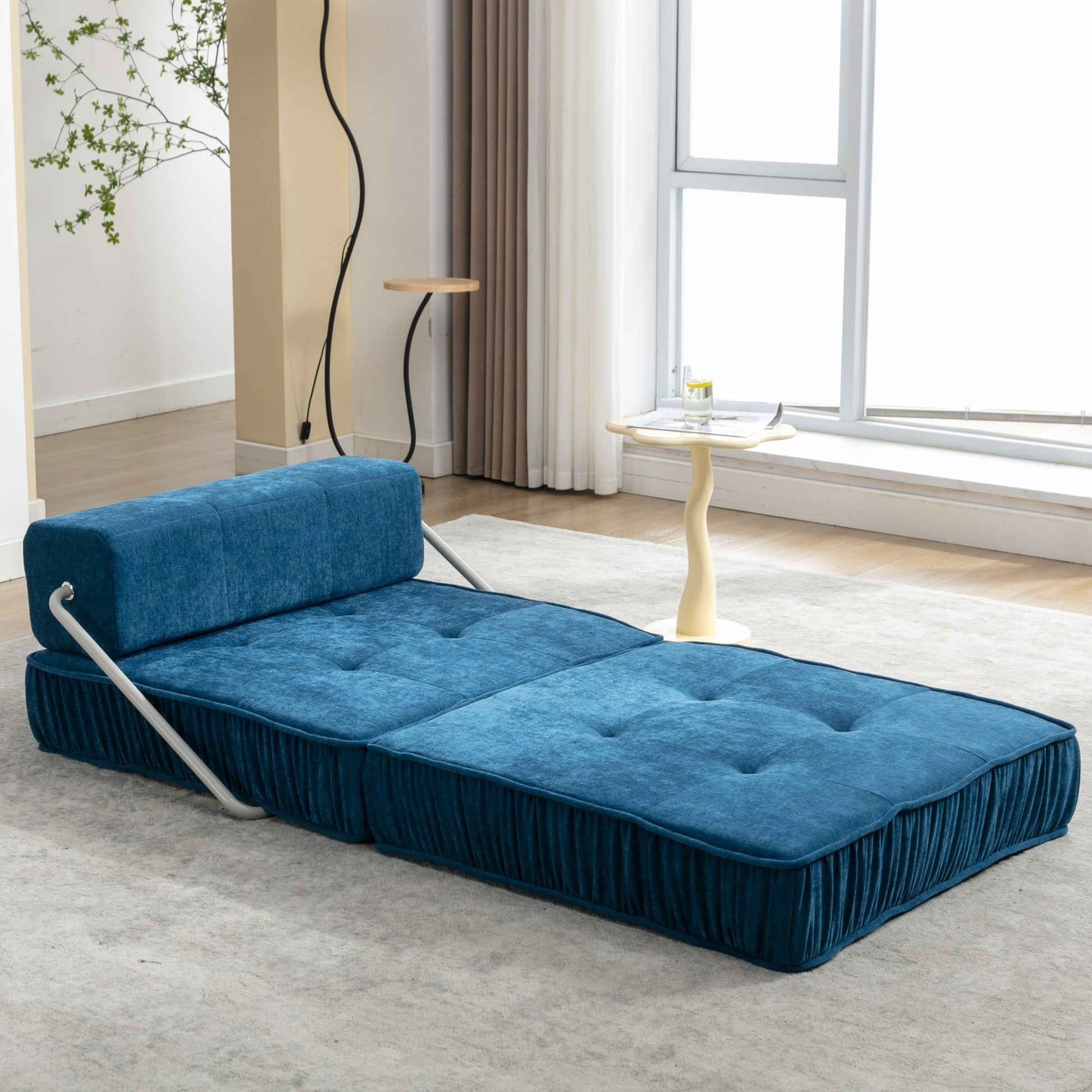 Folding Sofa Bed, Futon Sleeper Chair, Convertible Chair Floor Couch & Sleeping Mattress For Living Room, Guest Room, Home Office, Apartment, Small Space, Bed, Removable Back Cushion, Blue, 1 Seat Blue Chenille Primary Living Space Pillow Back Soft