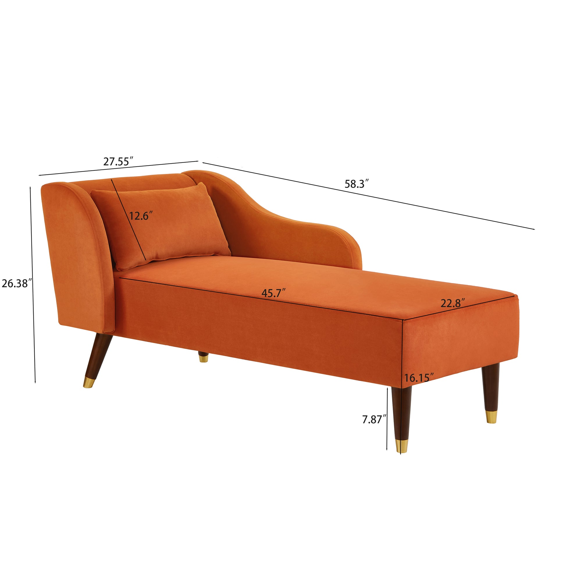 Modern Chaise Lounge Chair Velvet Upholstery Orange Orange Foam Velvet 1 Seat