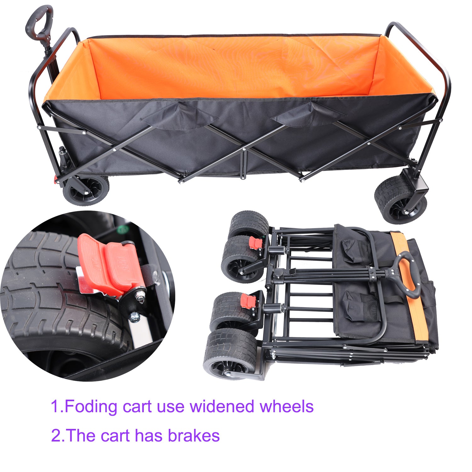 Big Large Capacity Folding Cart Extra Long Extender Wagon Cart Folding Wagon Garden Shopping Beach Cart Black Orange Black Steel