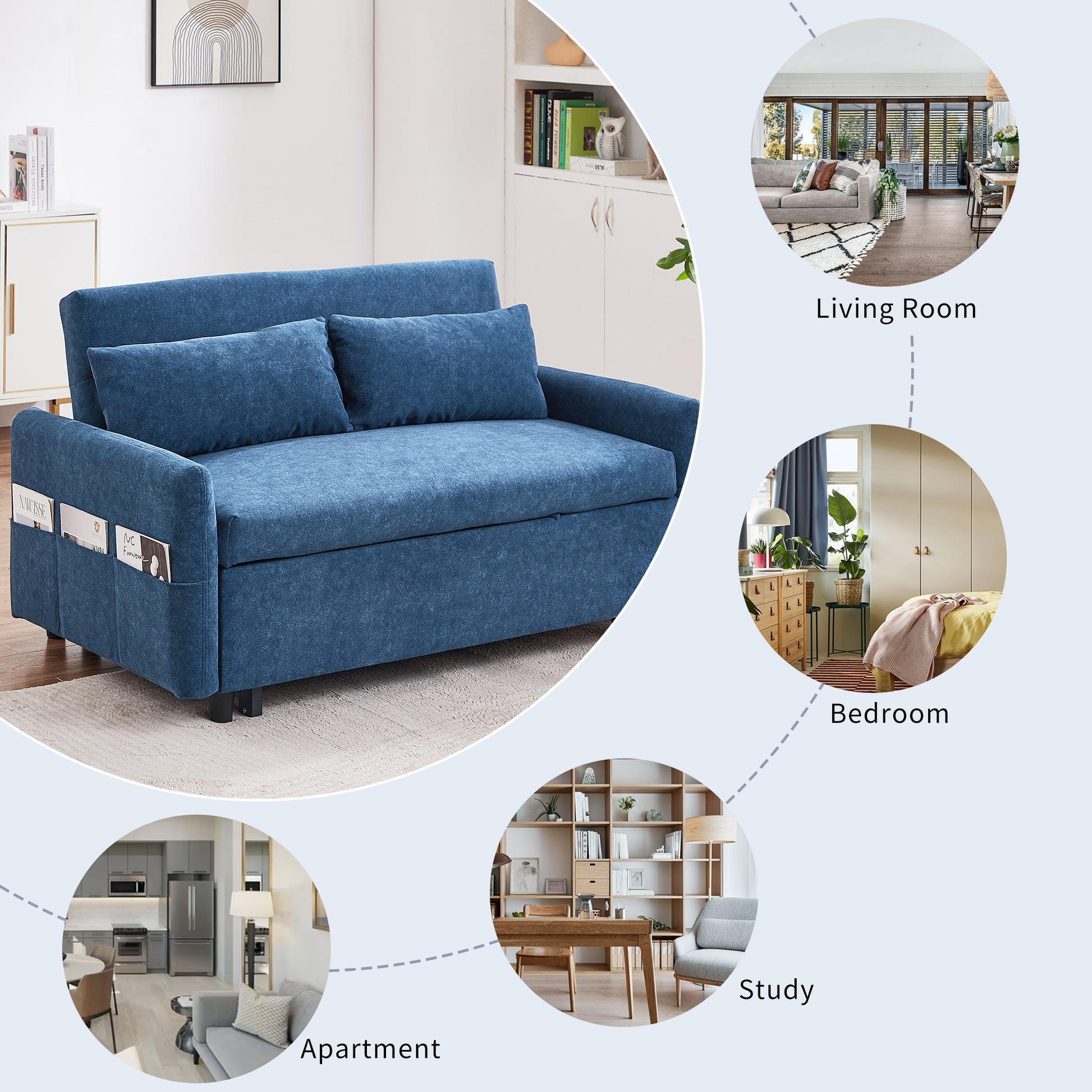 55.1" Pull Out Sleep Sofa Bed Loveseats Sofa Couch With Adjsutable Backrest, Storage Pockets, 2 Soft Pillows, Usb Ports For Living Room, Bedroom, Apartment, Office, Blue Old Sku: Wf315689Aac Blue Foam Microfiber 2 Seat
