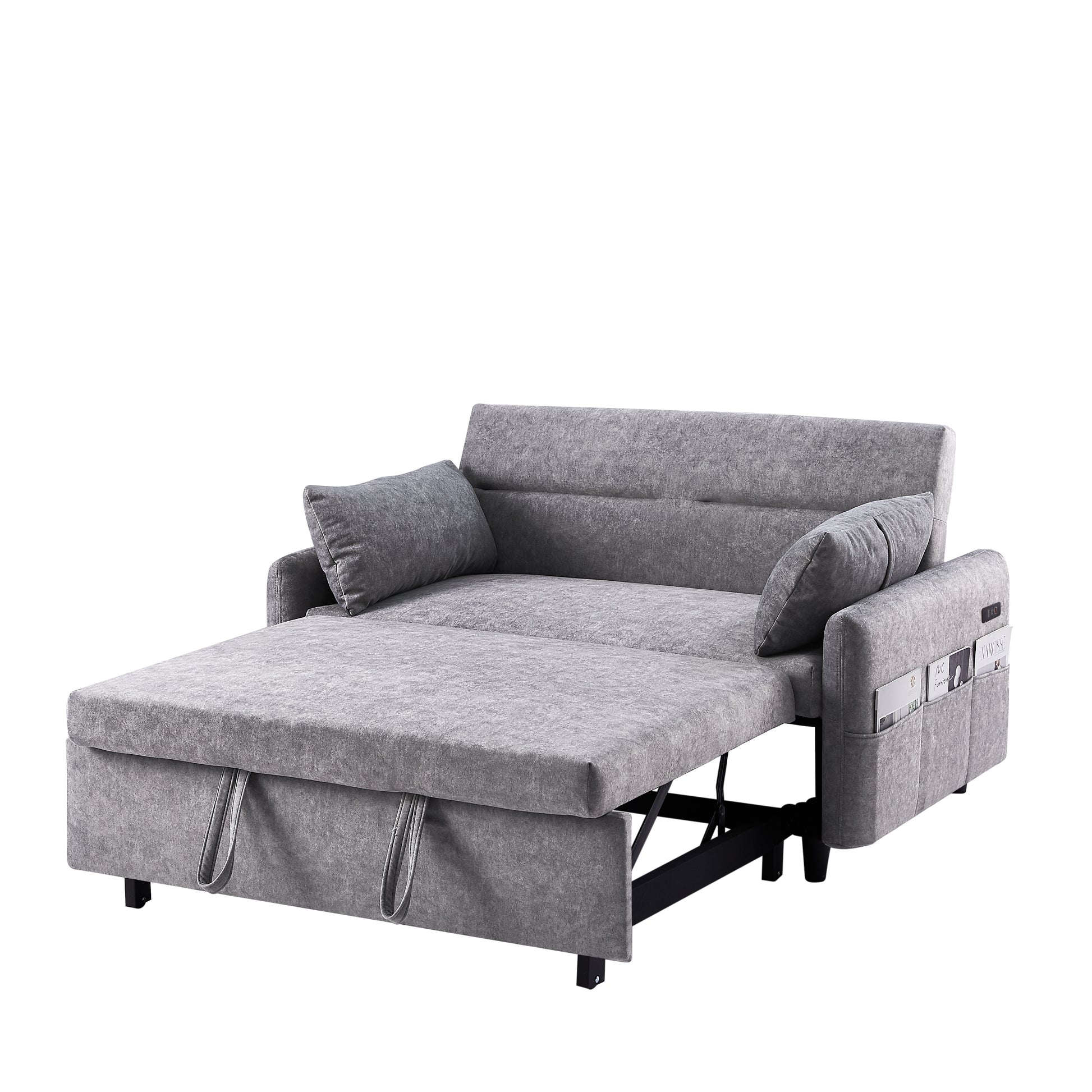 55.1" Pull Out Sleep Sofa Bed Loveseats Sofa Couch With Adjsutable Backrest, Storage Pockets, 2 Soft Pillows, Usb Ports For Living Room, Bedroom, Apartment, Office,Grey Old Sku Wf307821Aae Grey Foam Microfiber