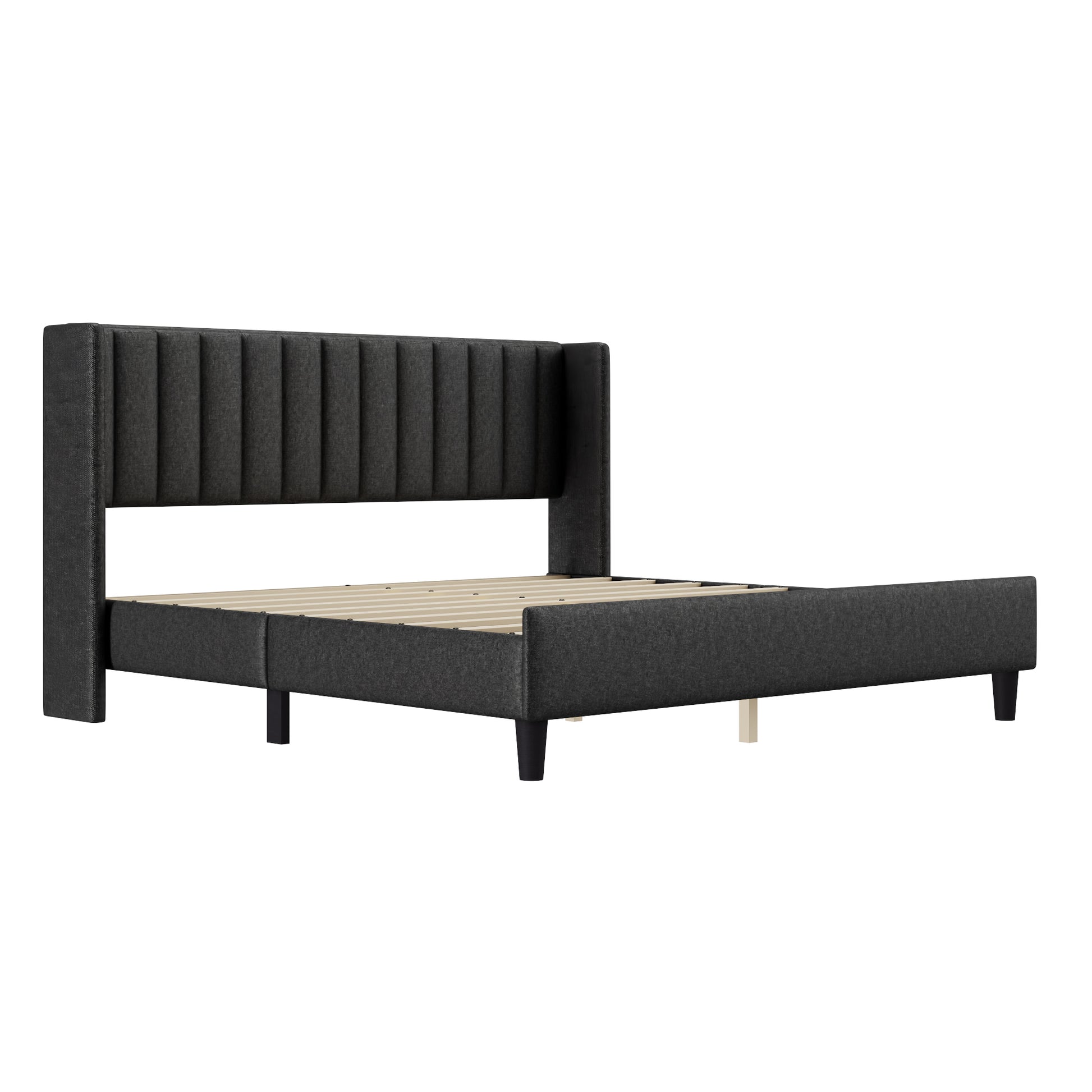 King Size Upholstered Platform Bed Frame With Headboard, Mattress Foundation, Wood Slat Support, Quiet, No Box Spring Needed, Easy To Assemble Black Black Wood