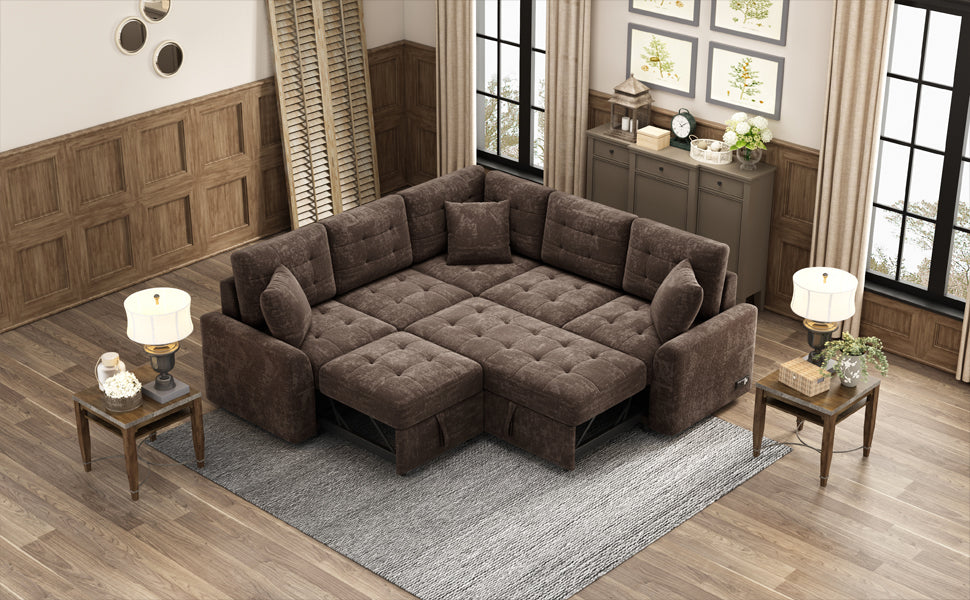 82.6" L Shape Sofa Bed Pull Out Sleeper Sofa With Wheels, Usb Ports, Power Sockets For Living Room, Brown Brown Foam Velvet