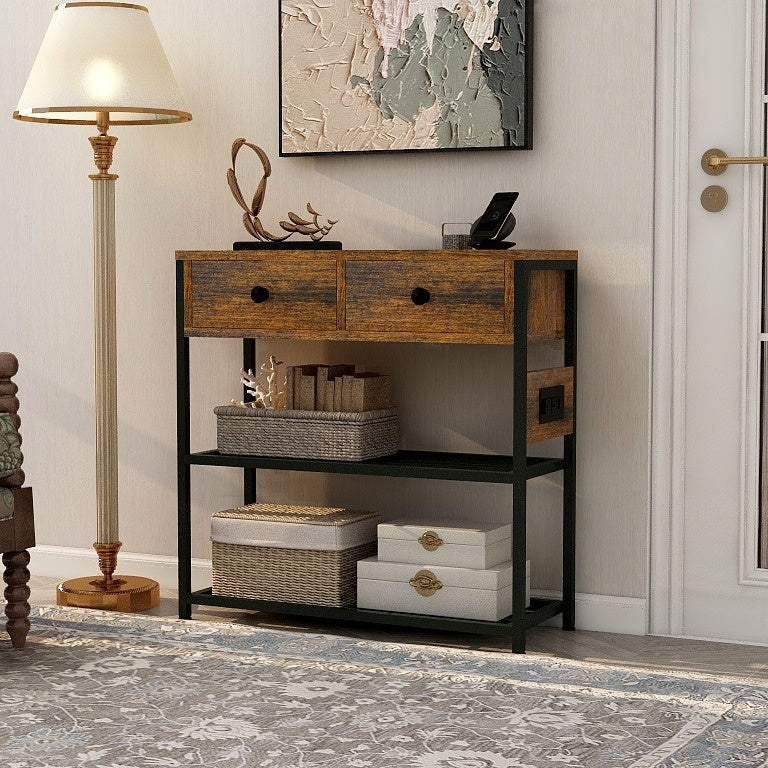 Ultimate Entryway Console Table, Narrow Sofa Table With 2 Drawers, 2 Shelves, Ac Outlets, 2 Usb Ports, 1 Type C Port, Table Entrance Table For Living Room, Foyer, Hallway Industrial Entry Table Standard 1 2 Drawers Antique Antique Brown Brown Primary