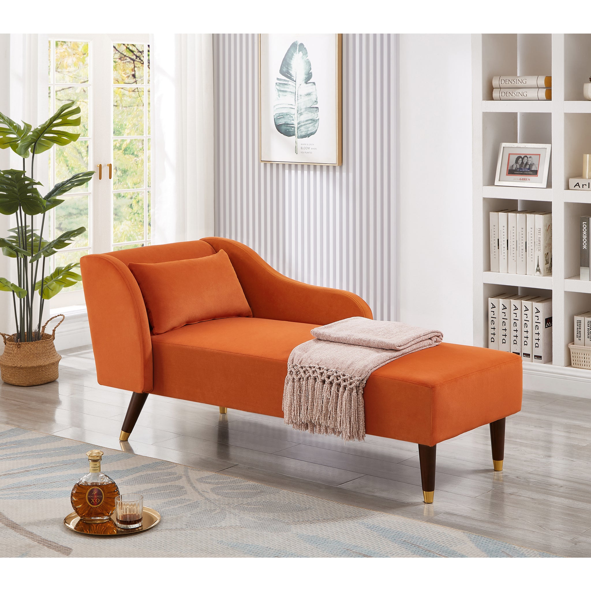 Modern Chaise Lounge Chair Velvet Upholstery Orange Orange Foam Velvet 1 Seat