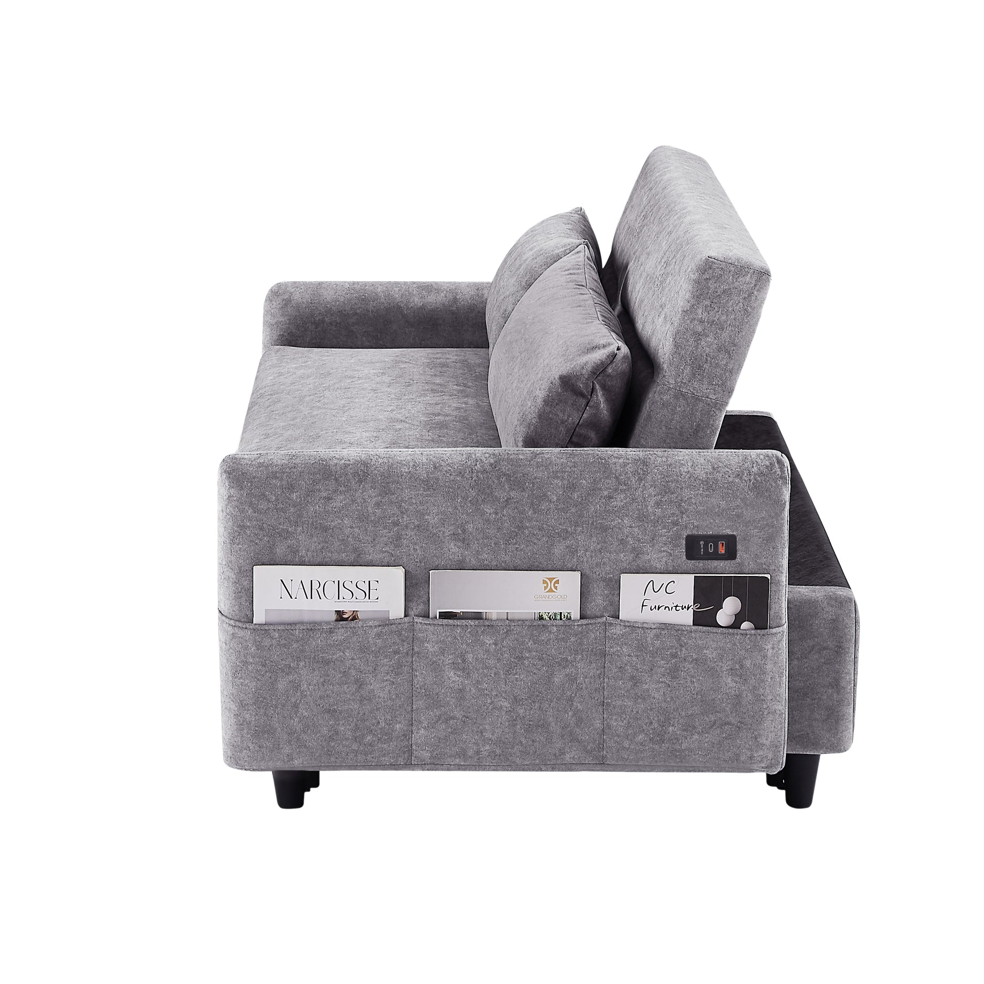 55.1" Pull Out Sleep Sofa Bed Loveseats Sofa Couch With Adjsutable Backrest, Storage Pockets, 2 Soft Pillows, Usb Ports For Living Room, Bedroom, Apartment, Office,Grey Old Sku:Wf315689Aae Grey Foam Microfiber 2 Seat