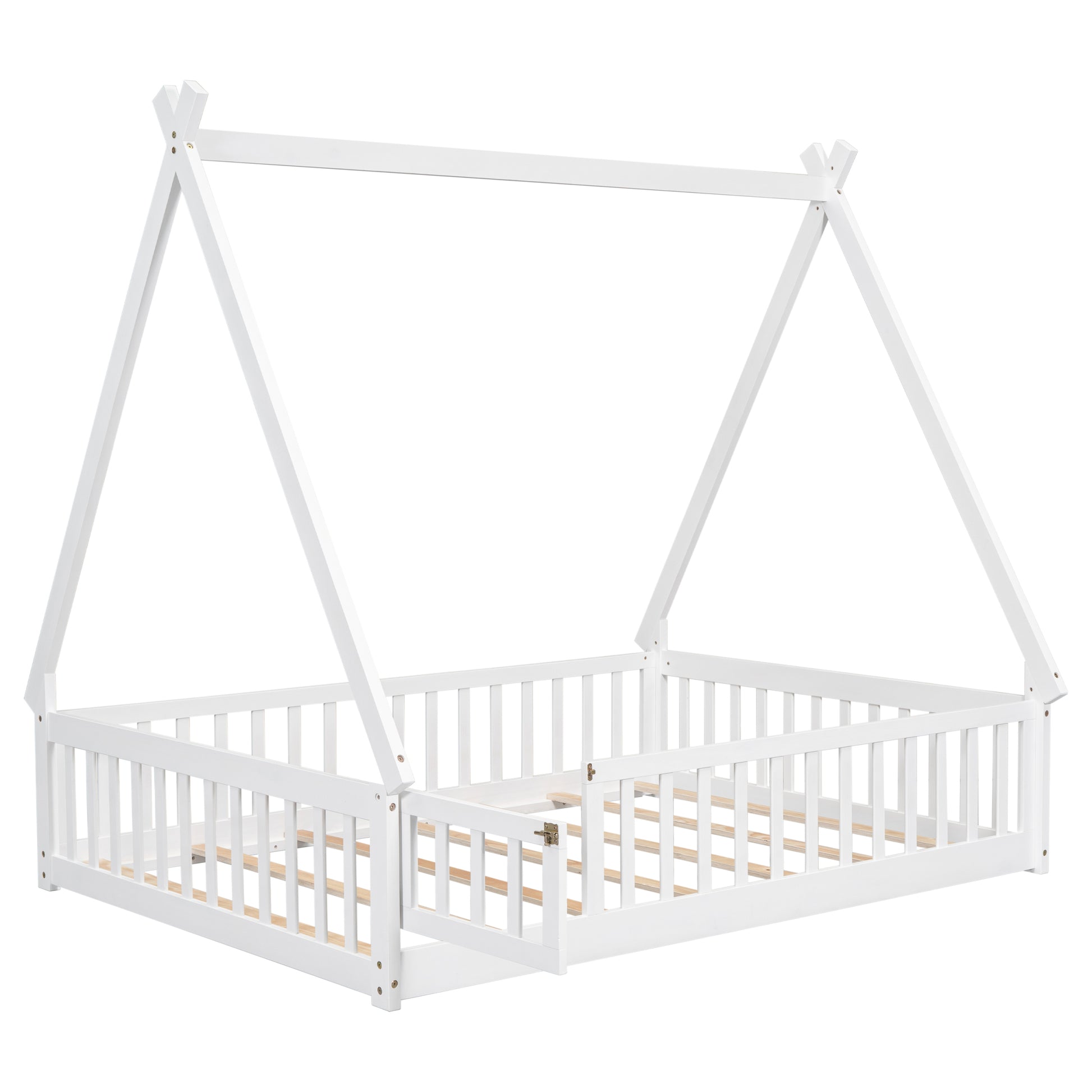 Full Tent Shaped Floor Bed, With Guardrails, Slats, Door ,White Full White Wood Bedroom American Design Pine Bed Frame Pine