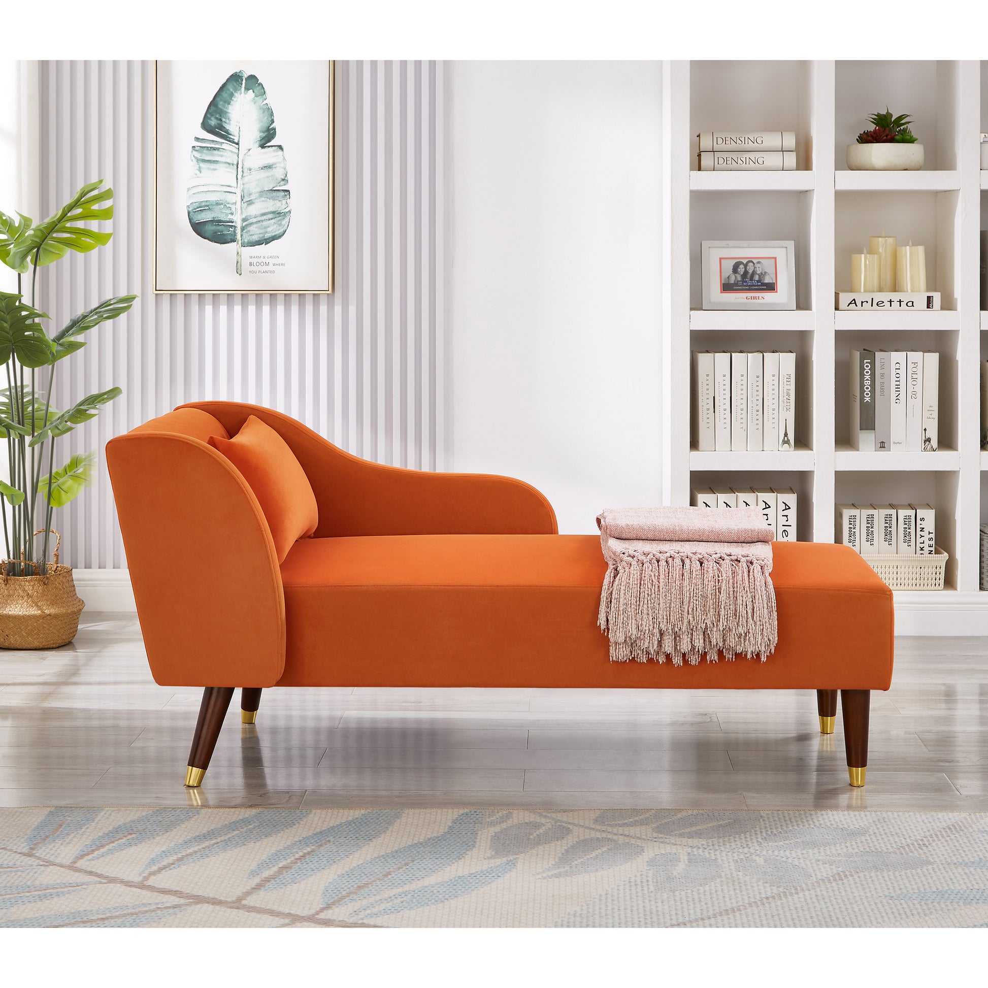 Modern Chaise Lounge Chair Velvet Upholstery Orange Orange Foam Velvet 1 Seat